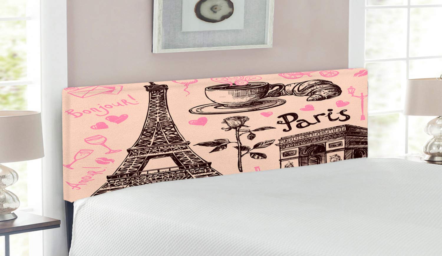 Ambesonne Paris Eiffel Tower Bakery Floral Upholstered Headboard - Queen Size Memory Foam Bed Headboard with Decorative Metal Frame in Pale Pink | Perfect for French-Themed Bedrooms & Romantic Home Decor