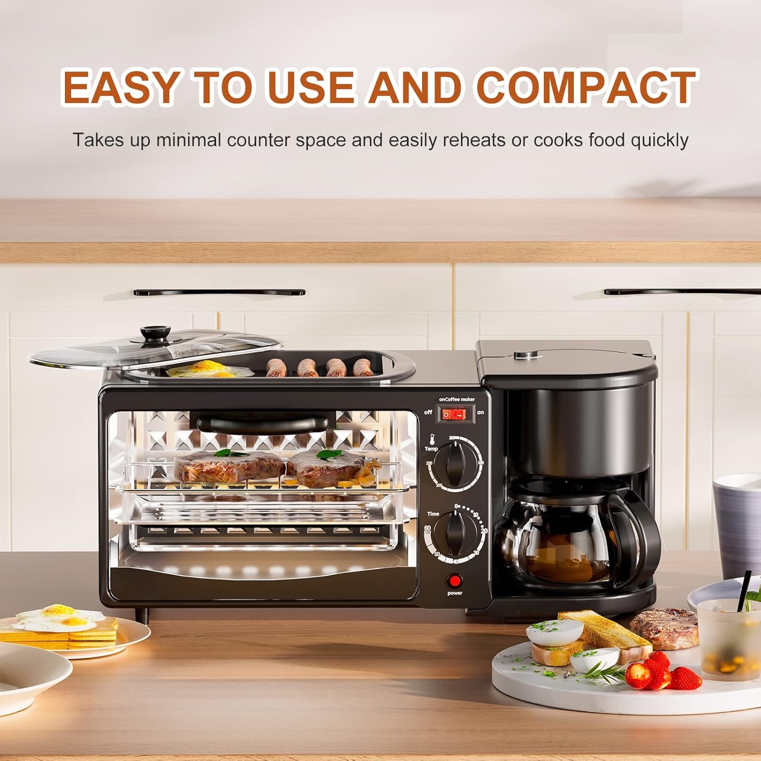 3-in-1 Breakfast Station with Timer - Toaster, Frying Pan & Coffee Maker - Compact Portable Oven for Small Kitchens, Apartments & Dorms - Perfect for Quick Breakfasts, Camping & Office Use