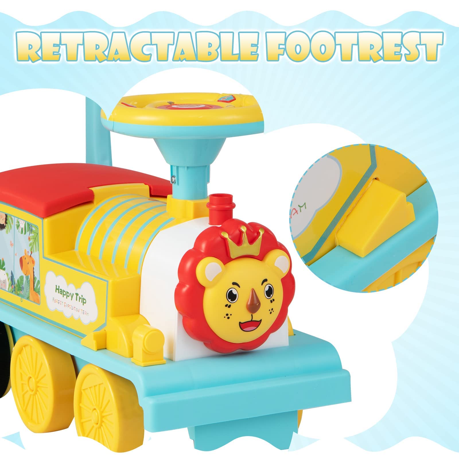 OLAKIDS 6V Electric Ride On Train Toy for Kids with Track, Lights & Sounds - Retractable Footrest & Under Seat Storage - Christmas Themed Battery Powered Gift for Toddlers, Boys & Girls (Lion) - Perfect for Indoor Play, Birthday & Holiday Gifts