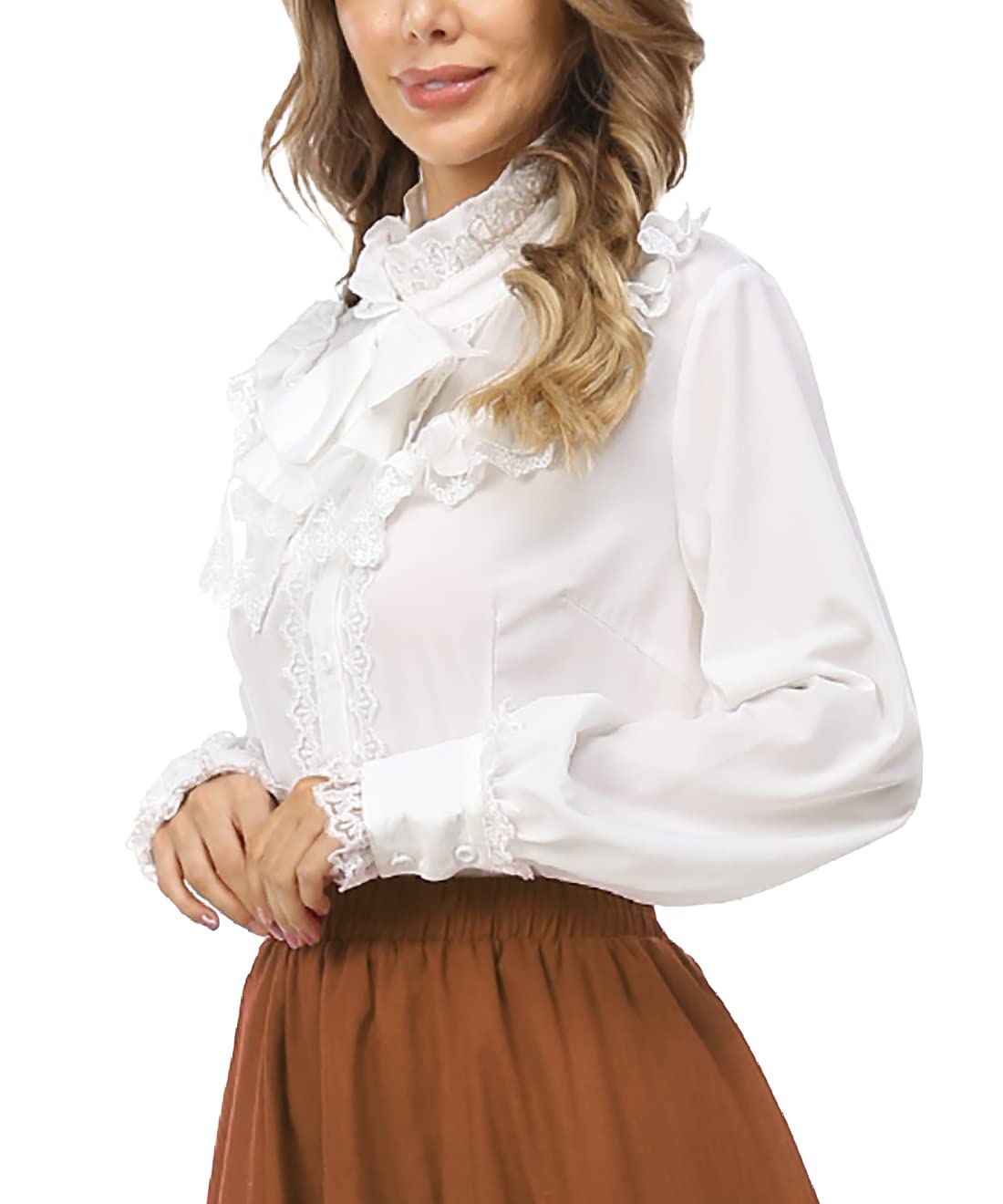 Victorian Blouse for Women - Long Sleeve Stand Collar Gothic Top with Lotus Ruffles | Medieval Style Shirt for Renaissance Fairs, LARP & Steampunk Outfits