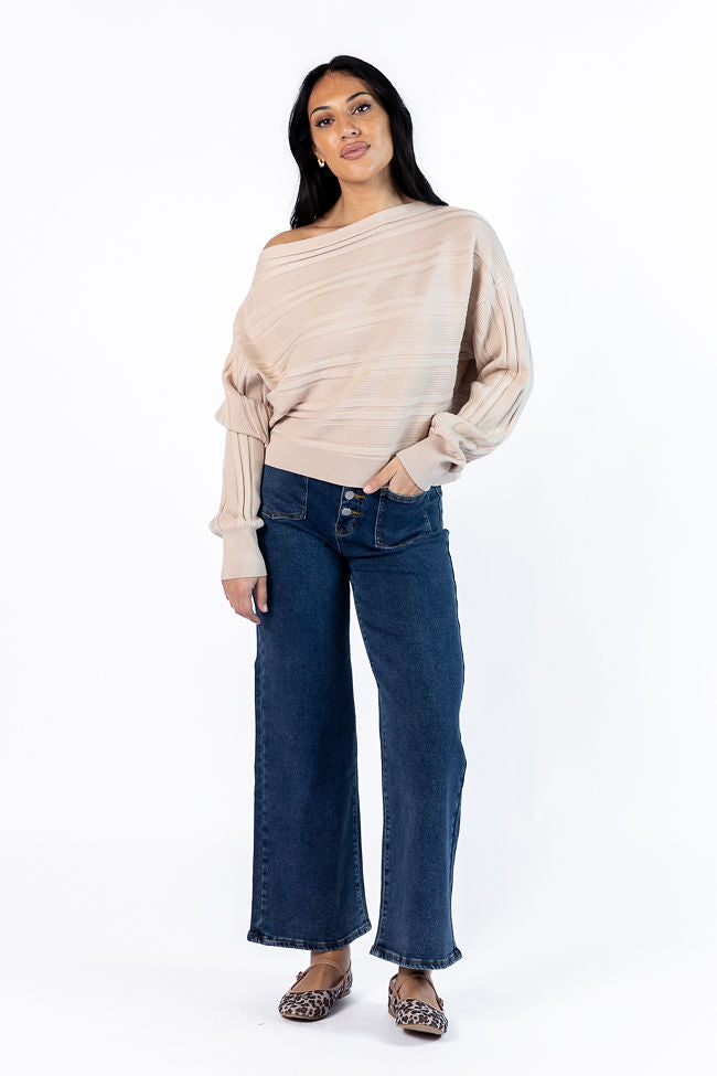 Feels Right Beige Off The Shoulder Ribbed Sweater for Women - Soft Knit Pullover Top for Fall & Winter - Perfect for Date Night, Office Wear and Casual Outings