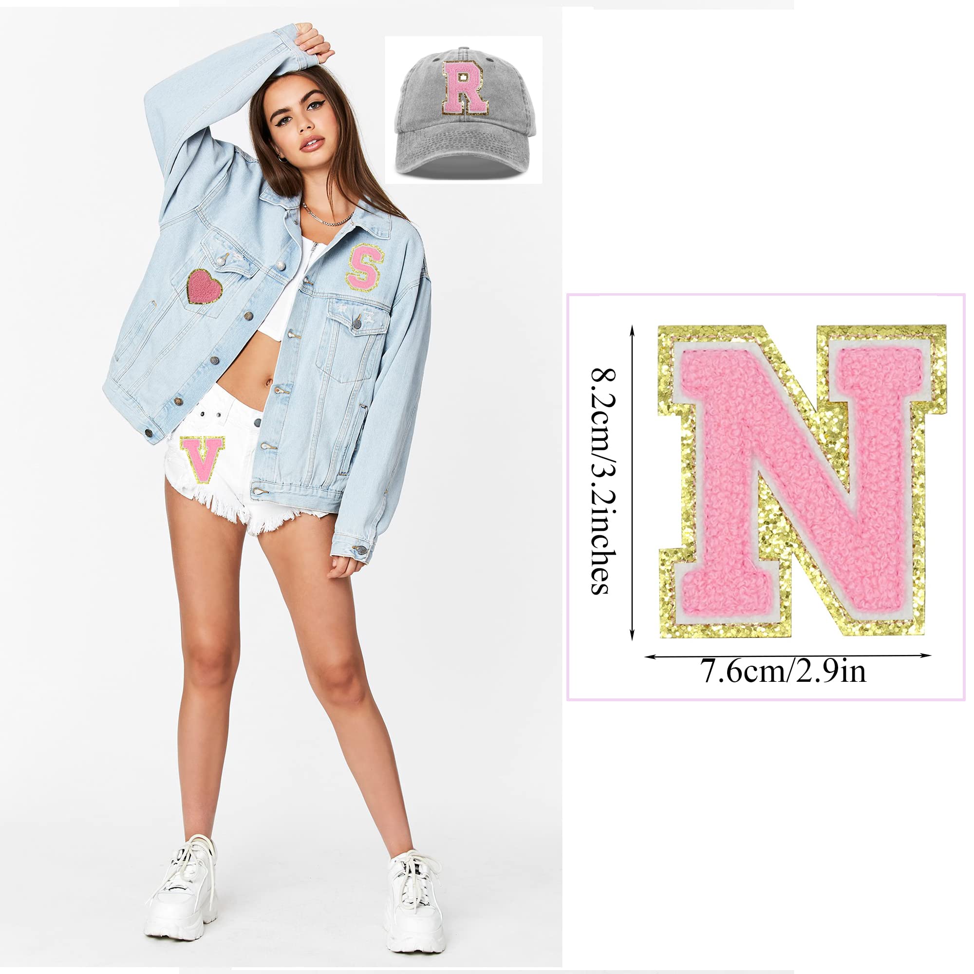 Custom Varsity Pink Chenille Iron-On Letter Patches with Glitter & Gold Sequin - 3