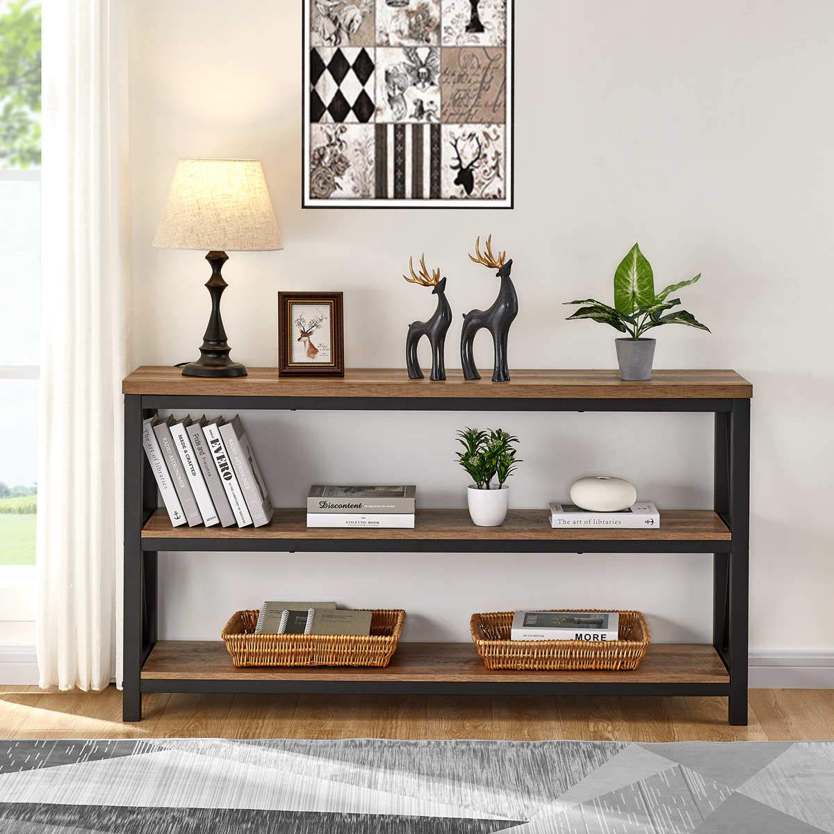 FATORRI 55 Inch Rustic Oak Industrial Console Table with 3-Tier Shelves - Entryway Sofa Table, Hallway Table for Living Room, Bedroom & Office - Perfect for Home Decor, Storage & Display