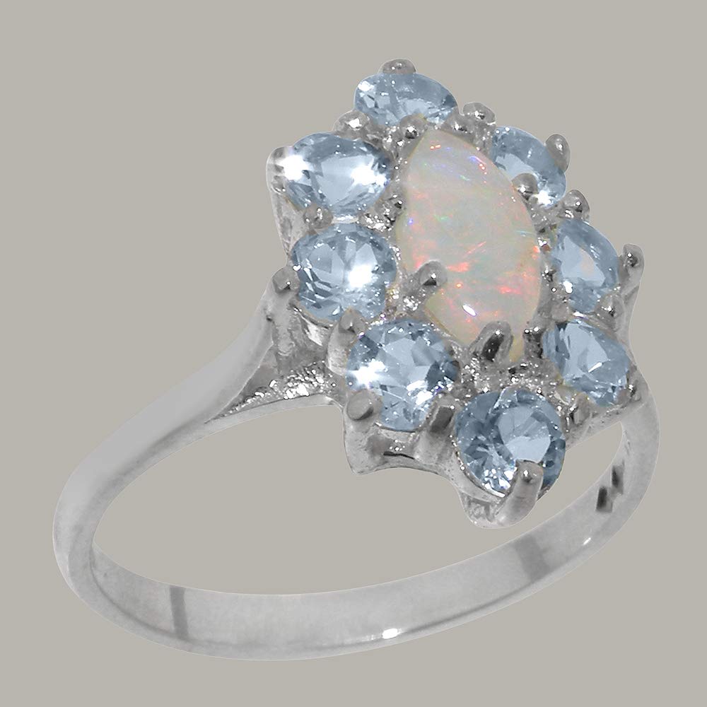 9K White Gold Genuine Natural Opal & Aquamarine Women's Engagement Ring - Size 8 - Perfect for Proposals, Anniversaries & Special Occasions