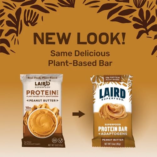 Laird Superfood Functional Protein Bars - 10g Plant-Based Protein, 6g Fiber, Non-GMO with Real Ingredients & Functional Mushrooms - Peanut Butter Flavor (10 Count) - Perfect for Post-Workout Recovery, Healthy Snacking & On-the-Go Nutrition