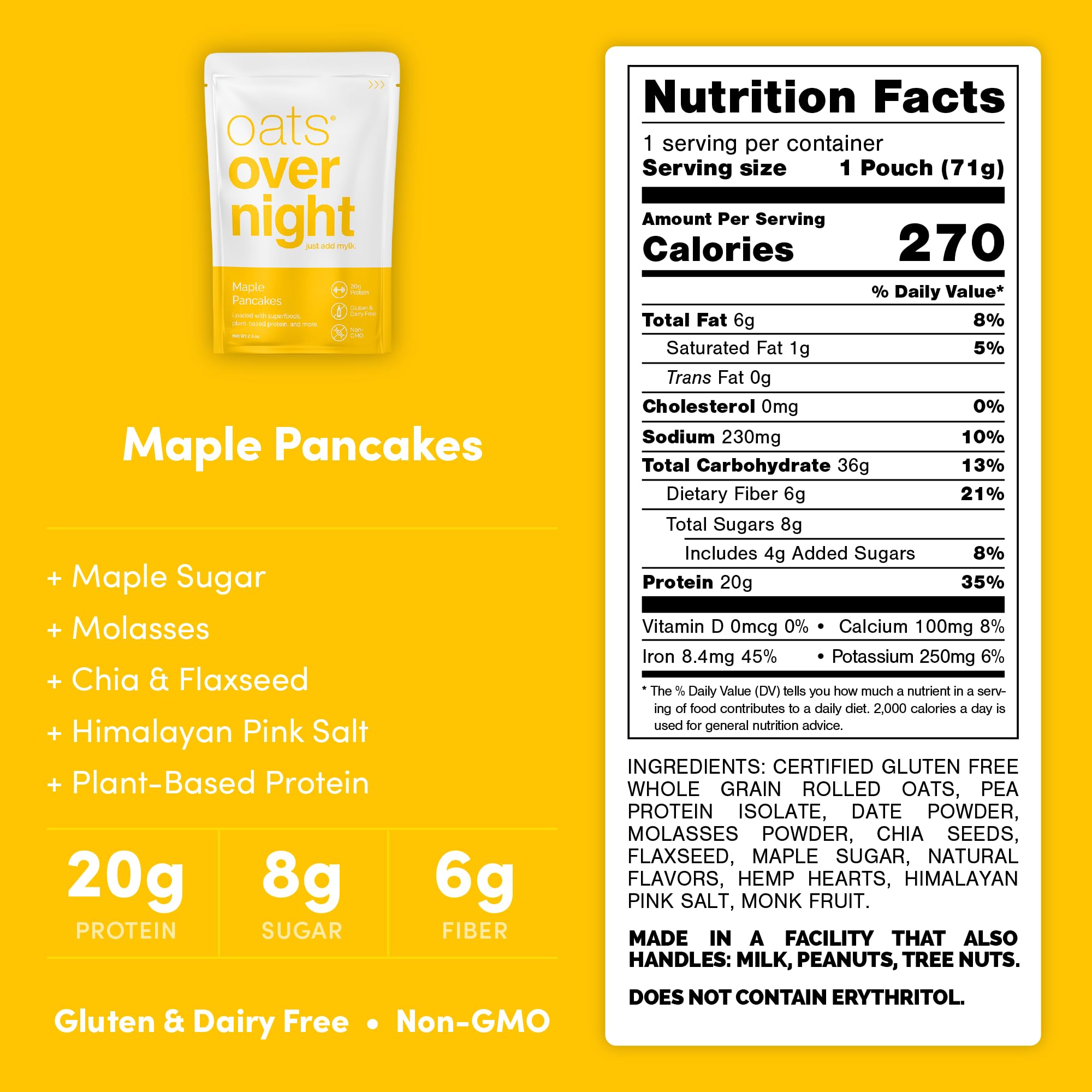 Oats Overnight - Maple Pancakes Flavor - Vegan Protein Oatmeal Shake (20g Protein, High Fiber) - Gluten Free & Non-GMO Breakfast (2.5oz/Serving, 24 Pack) - Perfect for Busy Mornings, Post-Workout Recovery & Healthy On-the-Go Meals