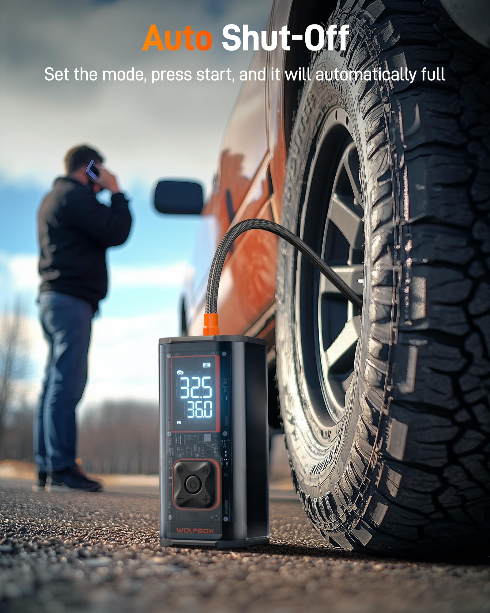 WOLFBOX 12000mAh & 150PSI Heavy Duty Portable Tire Inflator Air Compressor - Dual Cylinder 58LPM Fast Pump for Car Tires, Bikes, Pickup Trucks | 3.5'' LED Display & 20'' Hose | Emergency Roadside Assistance, Camping, Home Garage Use