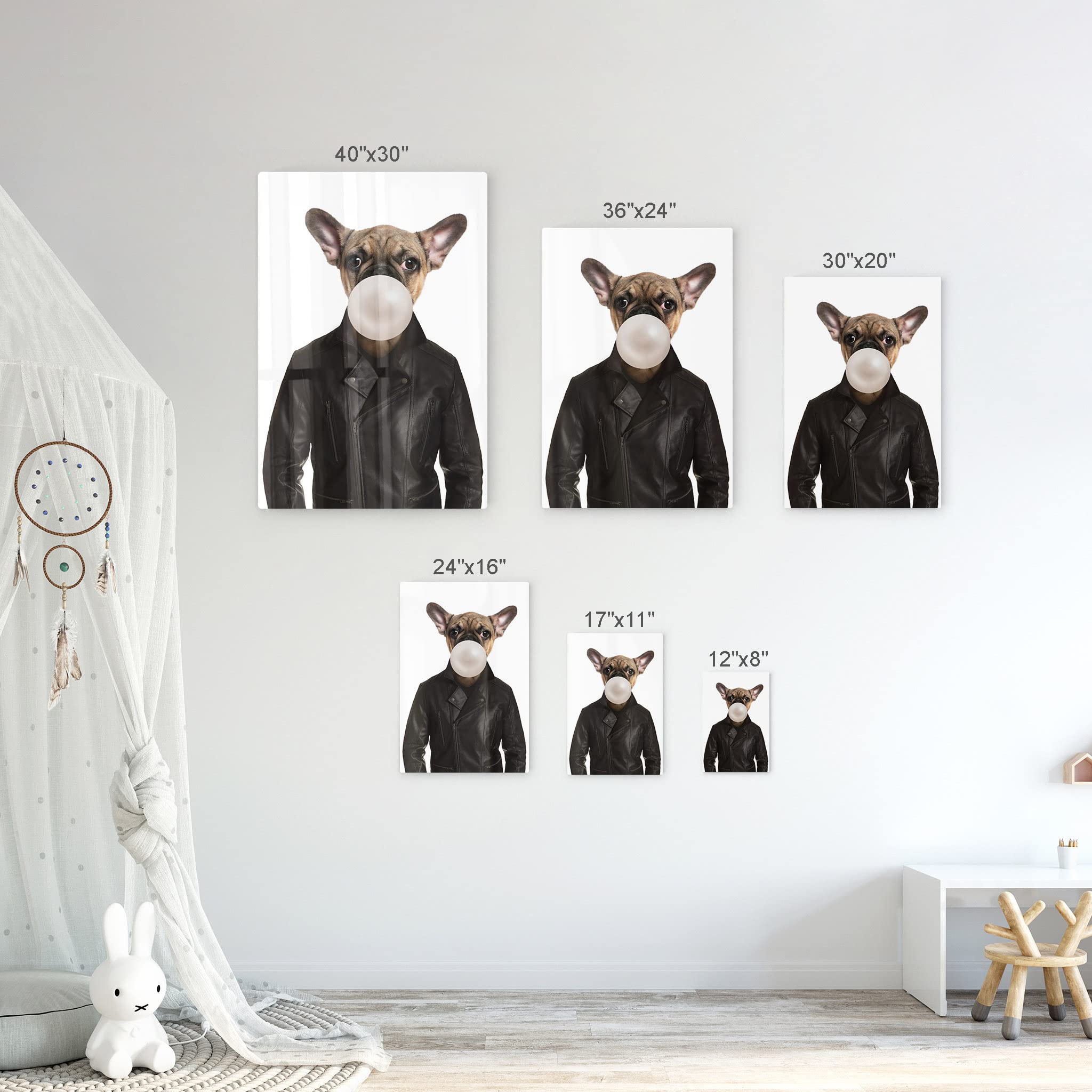 French Bulldog Portrait in Leather Jacket Chewing Bubble Gum - Metal Wall Art Print for Pet Lovers, Dog Decor for Living Room, Bedroom, Nursery & Kids Room - 36x24 Inches - Perfect Gift for Animal Lovers & Home Decor Enthusiasts