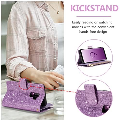 Premium PU Leather Wallet Case for Samsung Galaxy S9 Plus - Magnetic Closure, Zipper Pocket, Kickstand & Card Slots with Hand Strap | Elegant Flip Phone Case for Women | Perfect for Work, Travel & Everyday Use