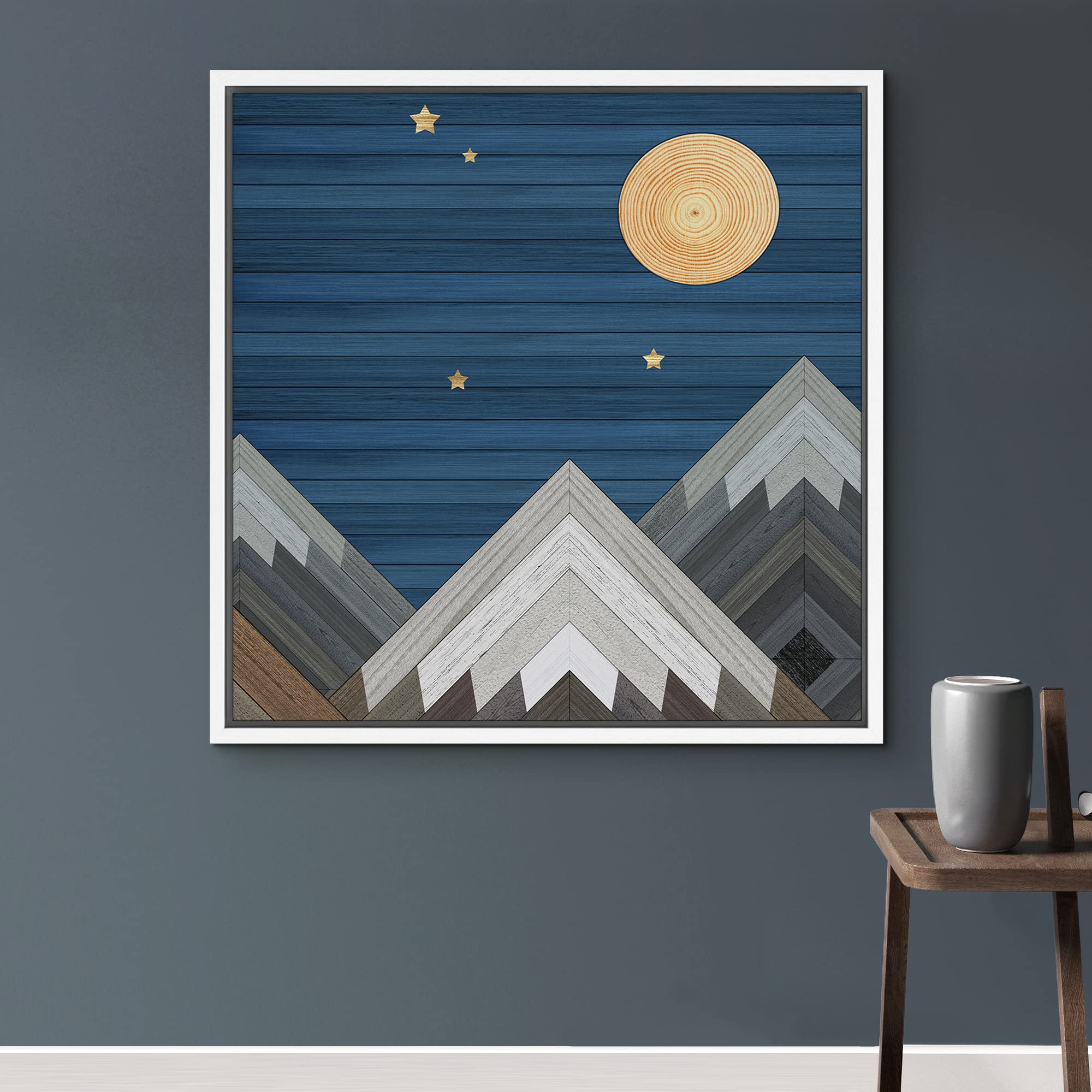 IDEA4WALL Framed Canvas Print - Western Decor Wood Block Night Moon Sky Mountain Range Nature Wilderness Illustration - Modern Wall Art for Living Room, Bedroom, Office - 24