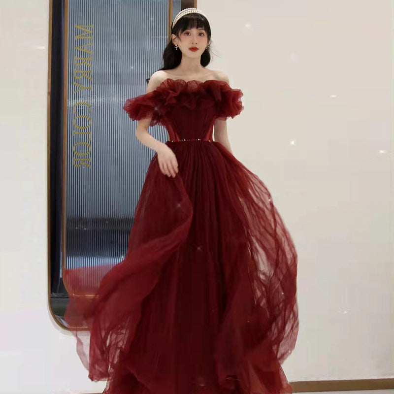 Elegant Burgundy One Shoulder Long Prom Dress with Tulle Skirt - Formal Evening Gown for Homecoming, Wedding & Special Occasions - Size 10