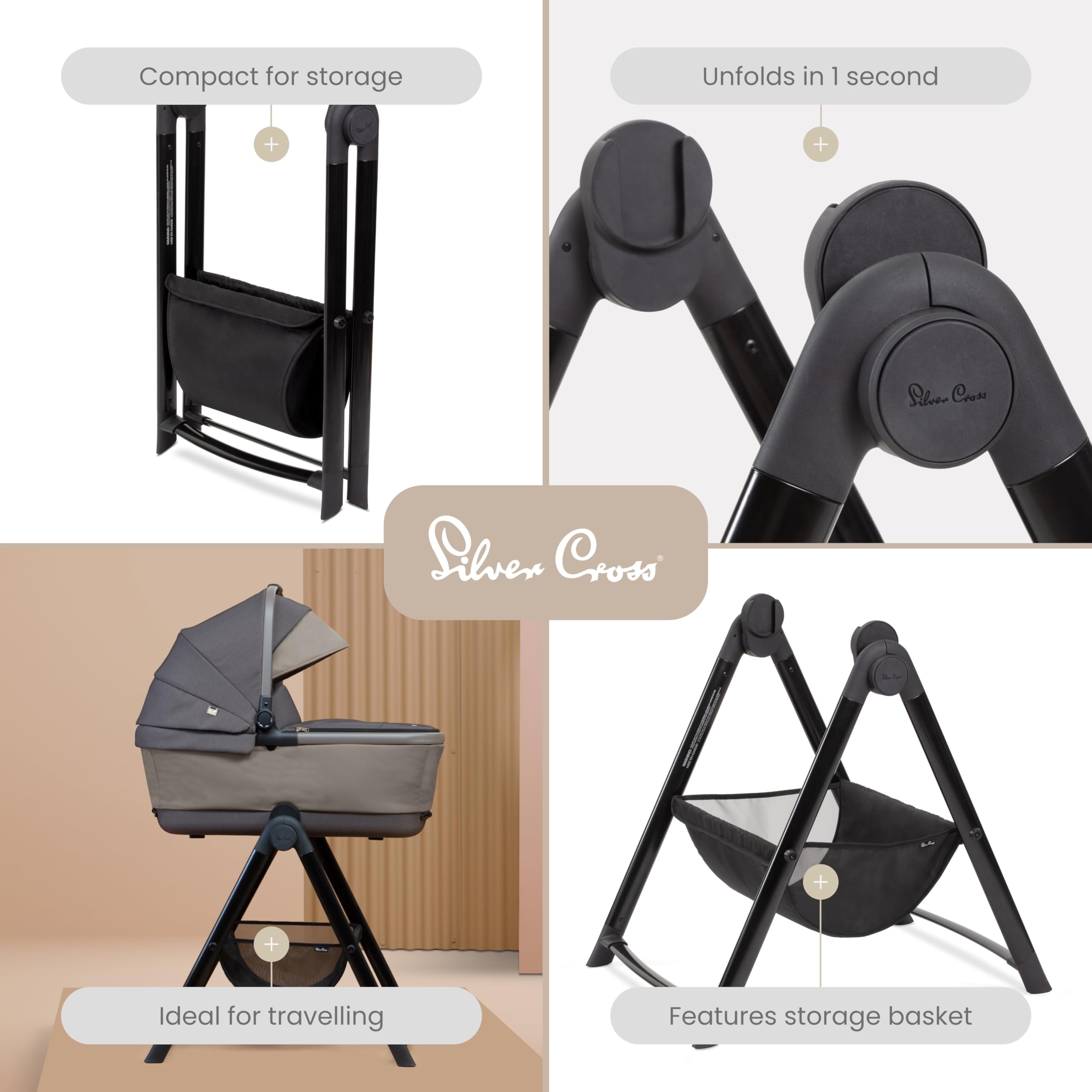 Silver Cross Dune & Reef Bassinet Stand - Portable Foldable Baby Bassinet with Storage Basket, Lightweight Travel Crib for Newborns - Perfect for Nursery, Bedroom & Travel - Black