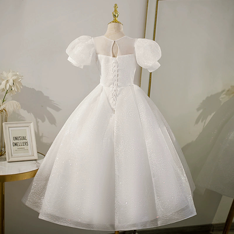 Princess Round Floor Length Tulle Flower Girl Dress in White - Perfect for Weddings, Pageants & Special Occasions