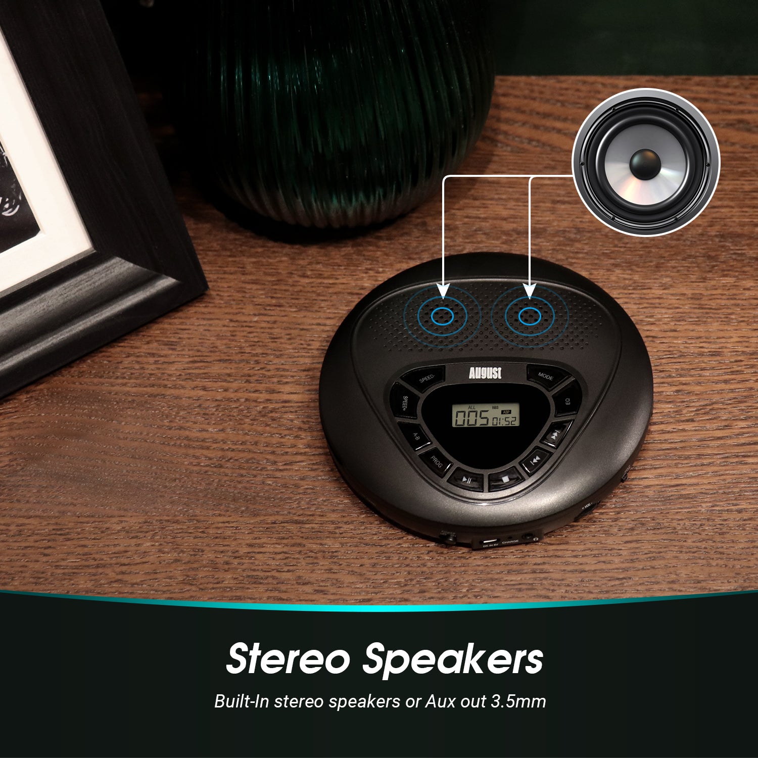Portable CD Player with Rechargeable Battery, Built-in Speakers & AUX Input - August SE10 MP3 Player | Perfect for Commuting, Travel, and Home Listening