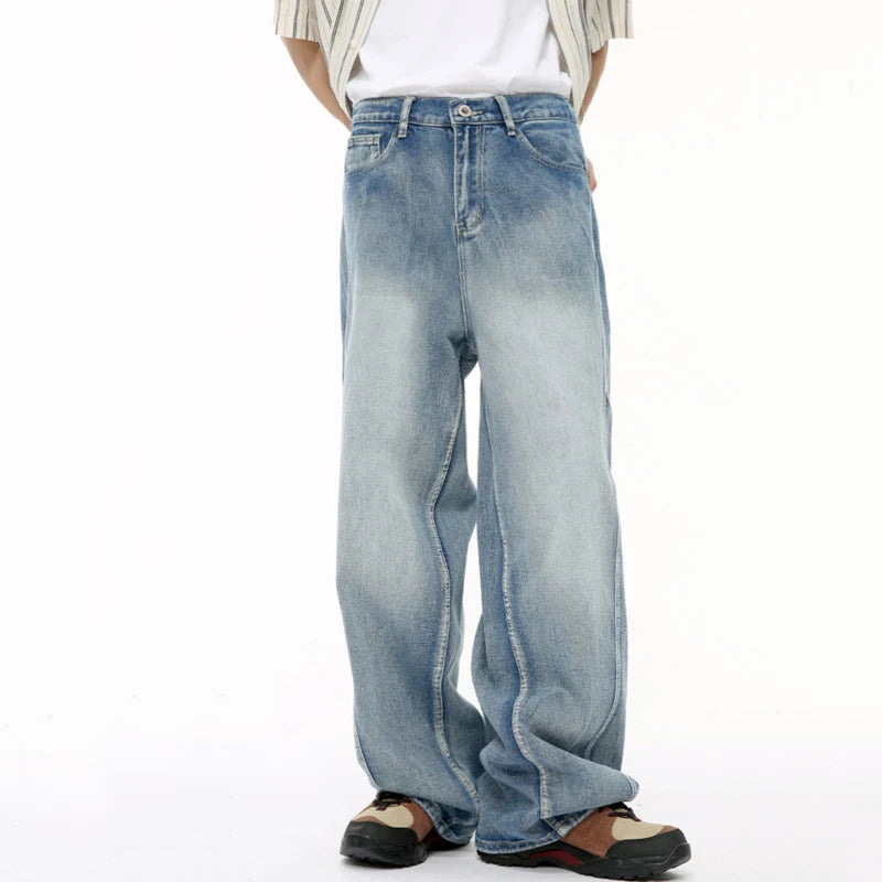 American Style Men's Denim Pants - Casual Multi-Level Patchwork Straight Leg Loose Fit Wide Leg Male Jeans (Chic 9C6432) | Perfect for Streetwear, Casual Outings & Urban Fashion