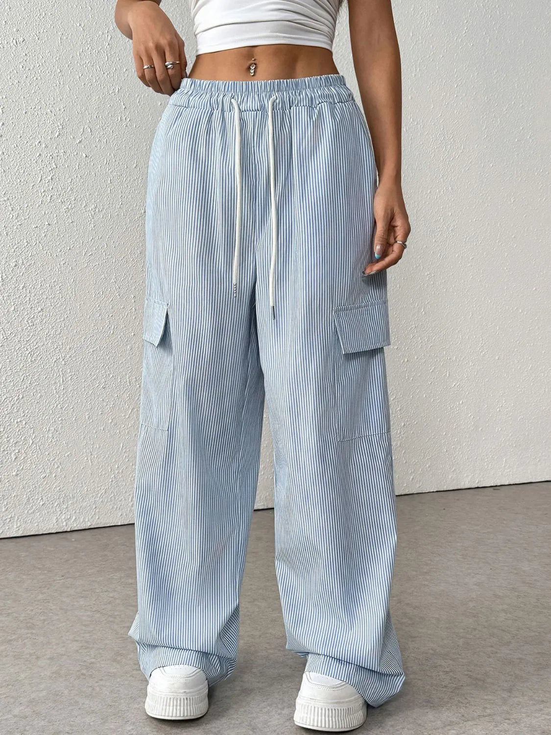 Stylish Striped Drawstring Wide Leg Cargo Pants for Women - Comfortable Casual & Outdoor Hiking Trousers
