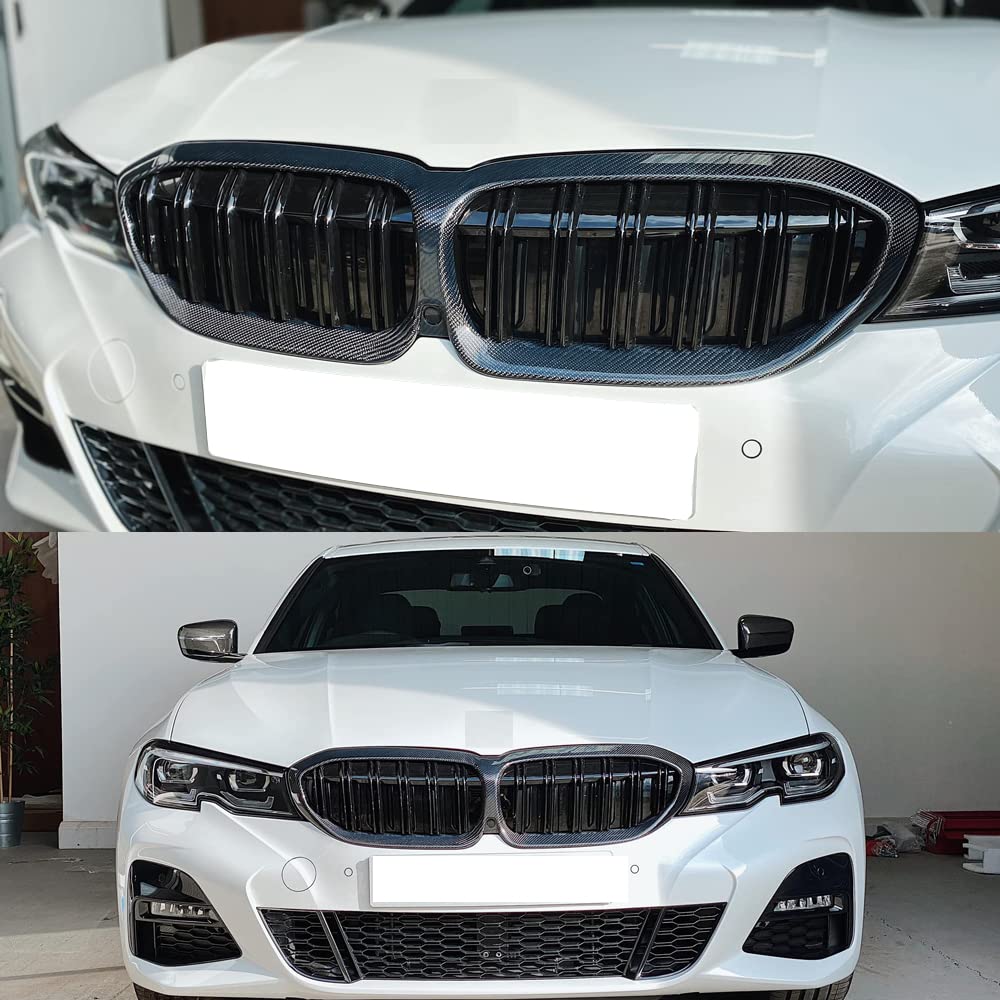 Carbon Fiber Front Hood Bumper with Double Slats Grill Compatible with 2019-2022 BMW 3-Series G20 G21 - Upgrade Your Car's Style & Performance for Street Racing & Show Car Events