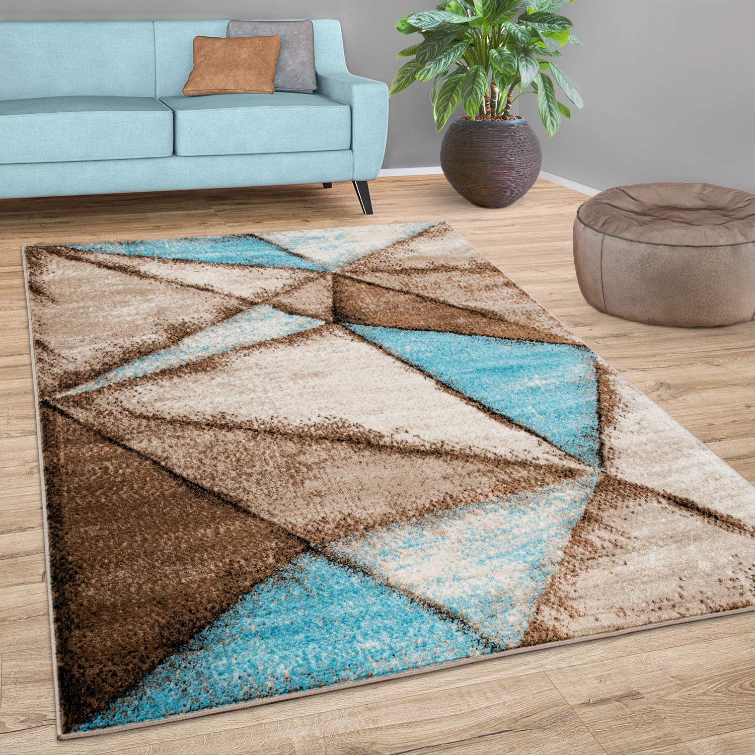 Blue Beige Brown Geometric Pattern Area Rug 6'7