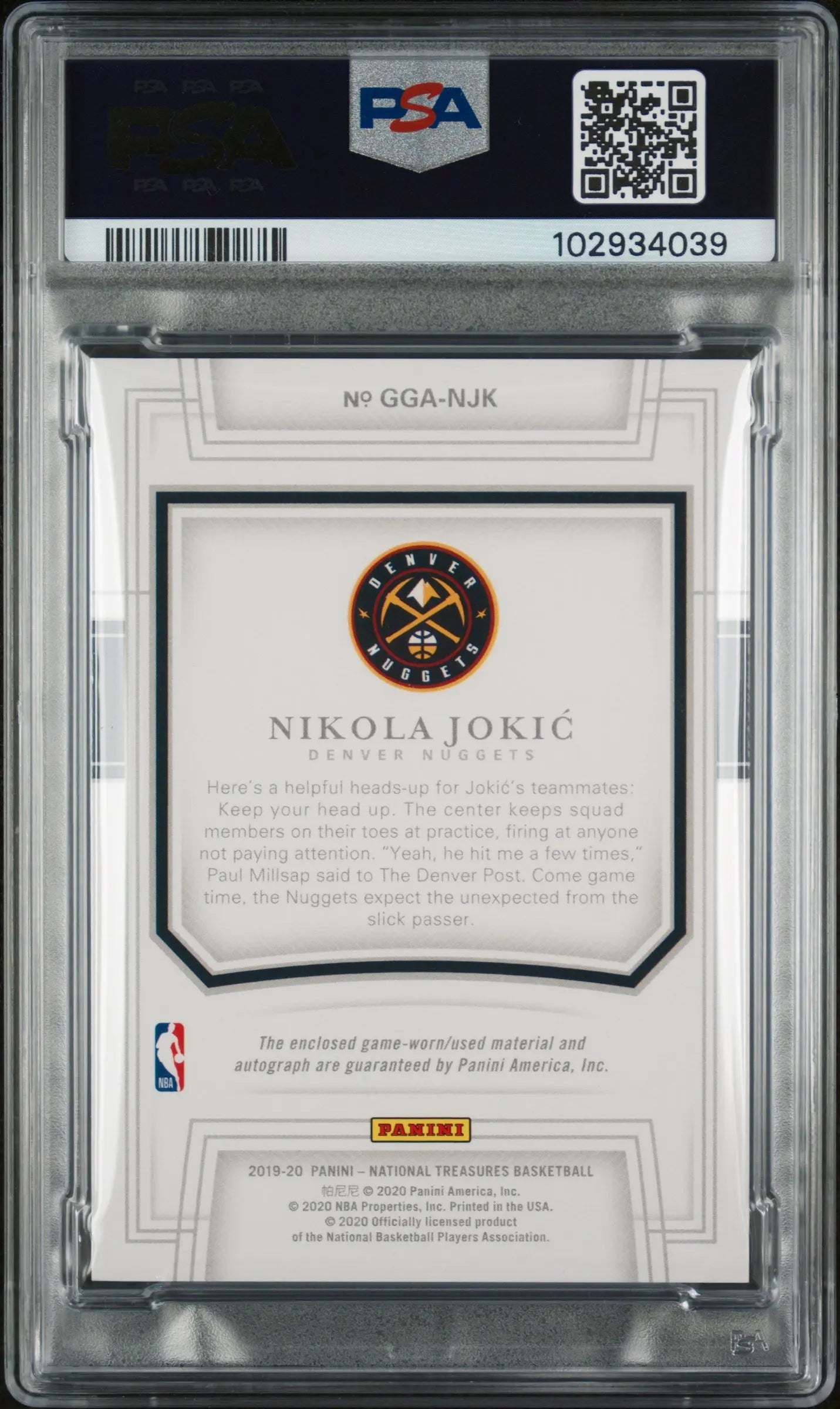 2019 Panini National Treasures Game Gear Autographs Nikola Jokic PSA 10 #/49 - Rare Basketball Memorabilia for Collectors & Sports Fans