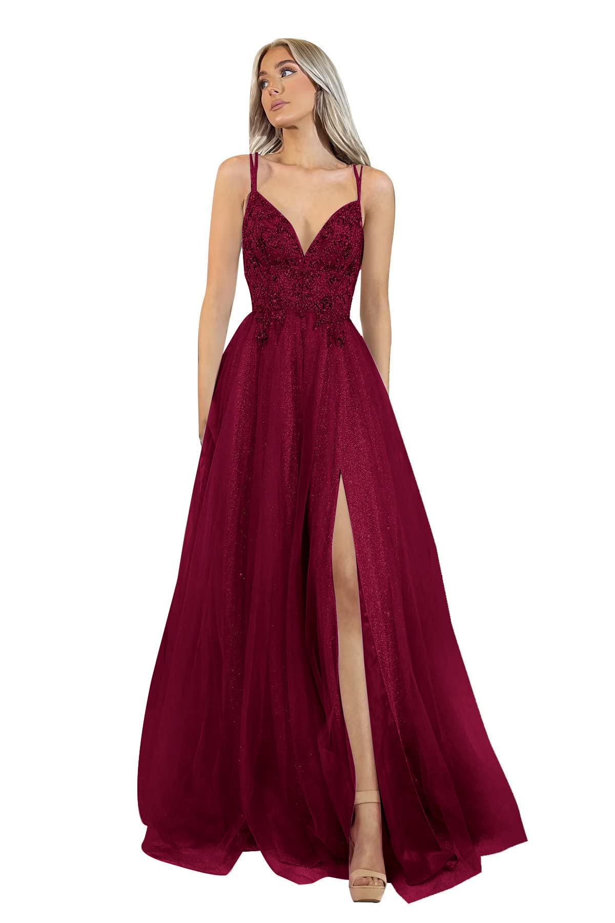 Sparkly Glitter Tulle Prom Dresses for Women 2024 - V Neck Lace A-Line Formal Gown with Spaghetti Straps & Thigh High Slit | Perfect for Homecoming, Quinceañera & Evening Galas
