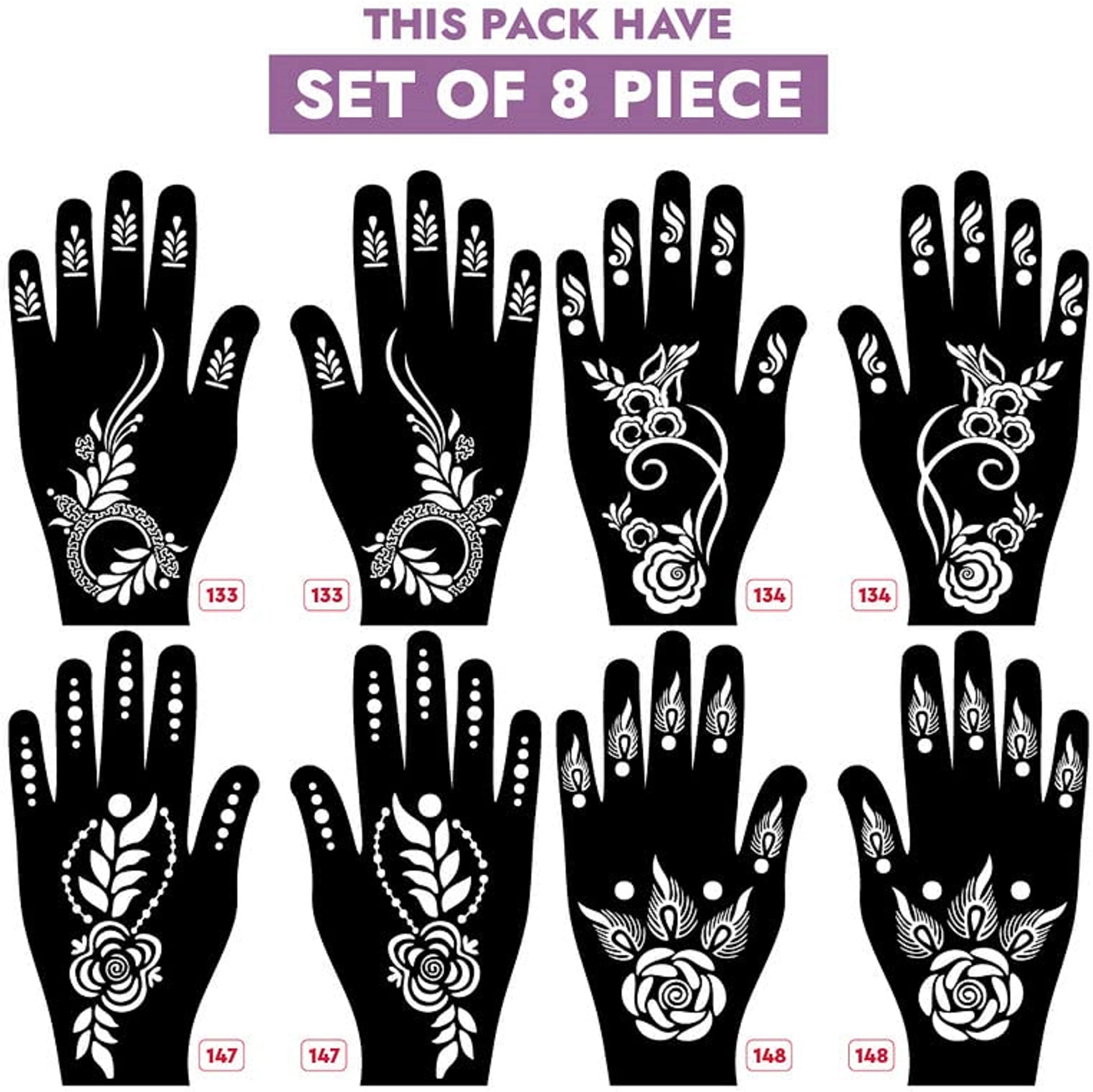 KICKWIX Realistic Temporary Tattoo Stickers - 8-Piece Mehndi Design Stencil Set for Women, Girls & Kids | Perfect for Parties, Festivals & Body Art