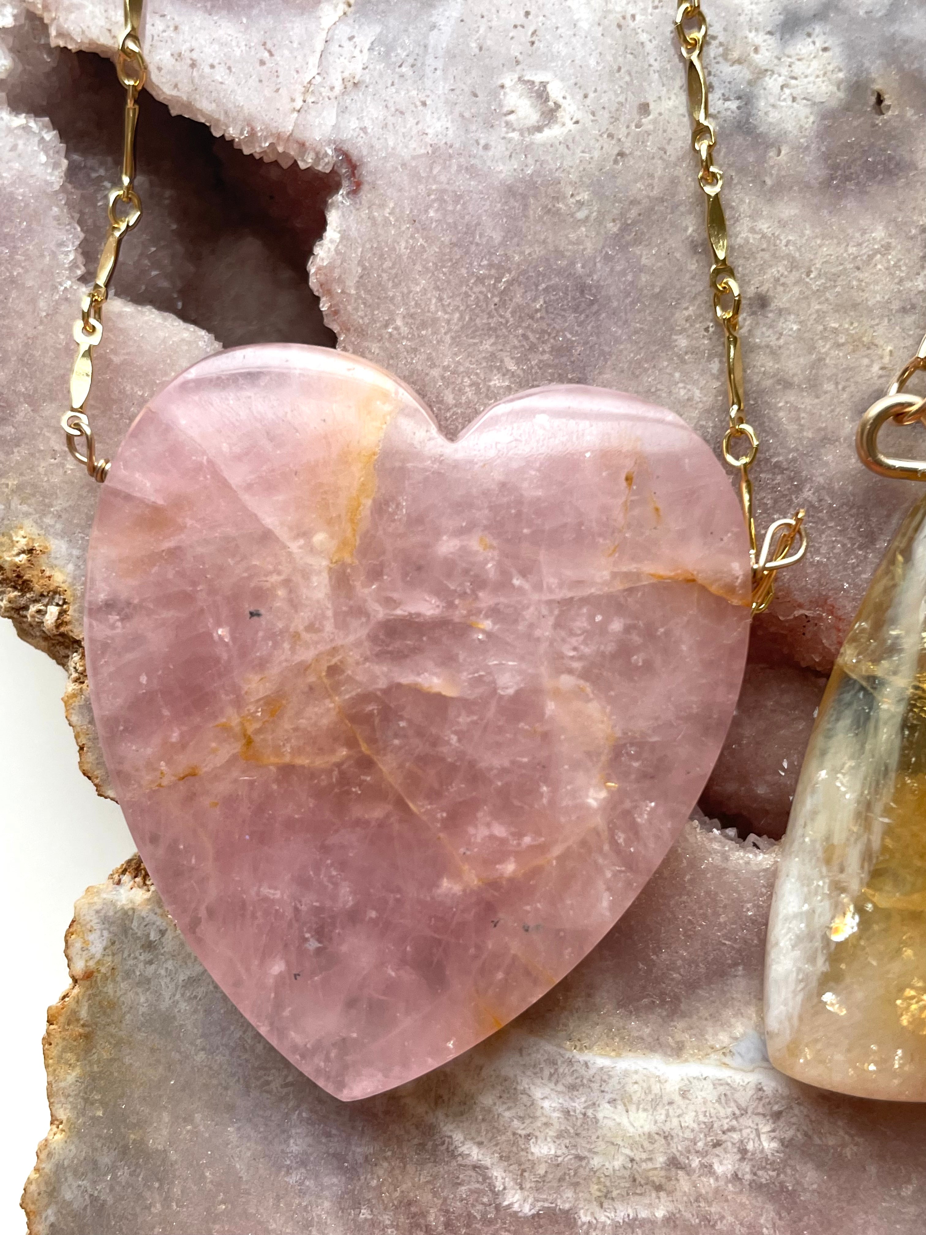 Large Rose Quartz Heart Pendant Statement Necklace - 14K Gold Filled Crystal Jewelry for Women, Gift for Her, Valentine's Day, Anniversary & Special Occasions