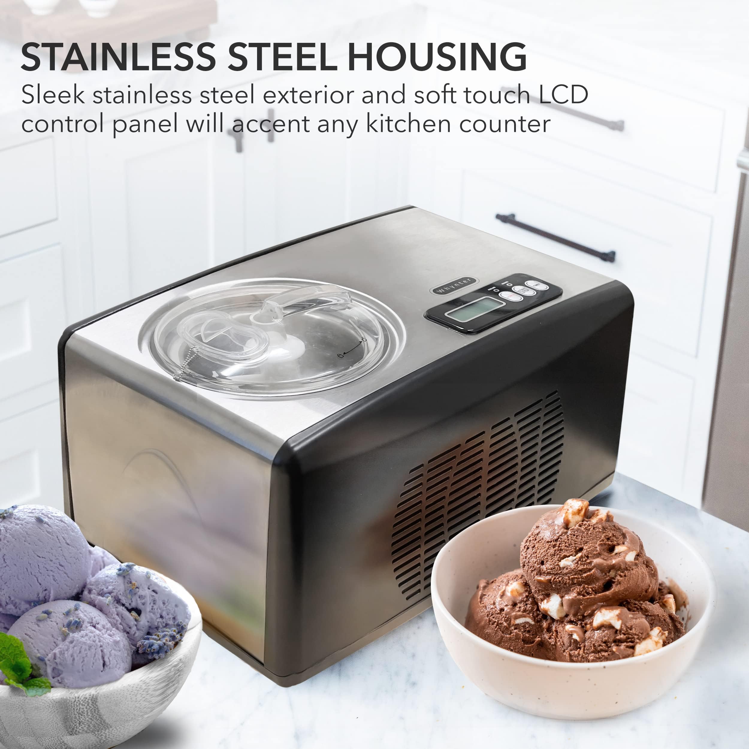 Whynter 1.6 Qt Automatic Ice Cream Maker with Built-In Compressor - No Pre-Freezing Needed, Digital LCD Display & Timer, Stainless Steel (Model ICM-15LS) - Perfect for Home Desserts, Parties & Family Gatherings