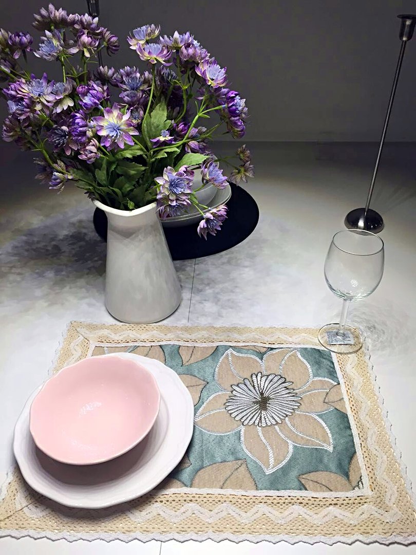 Soft Chenille with Elegant Cotton Lace Placemats Set of 4 - 14x20 Inches, Aqua Blue - Perfect for Dining Table Decor, Holiday Dinners & Home Entertaining