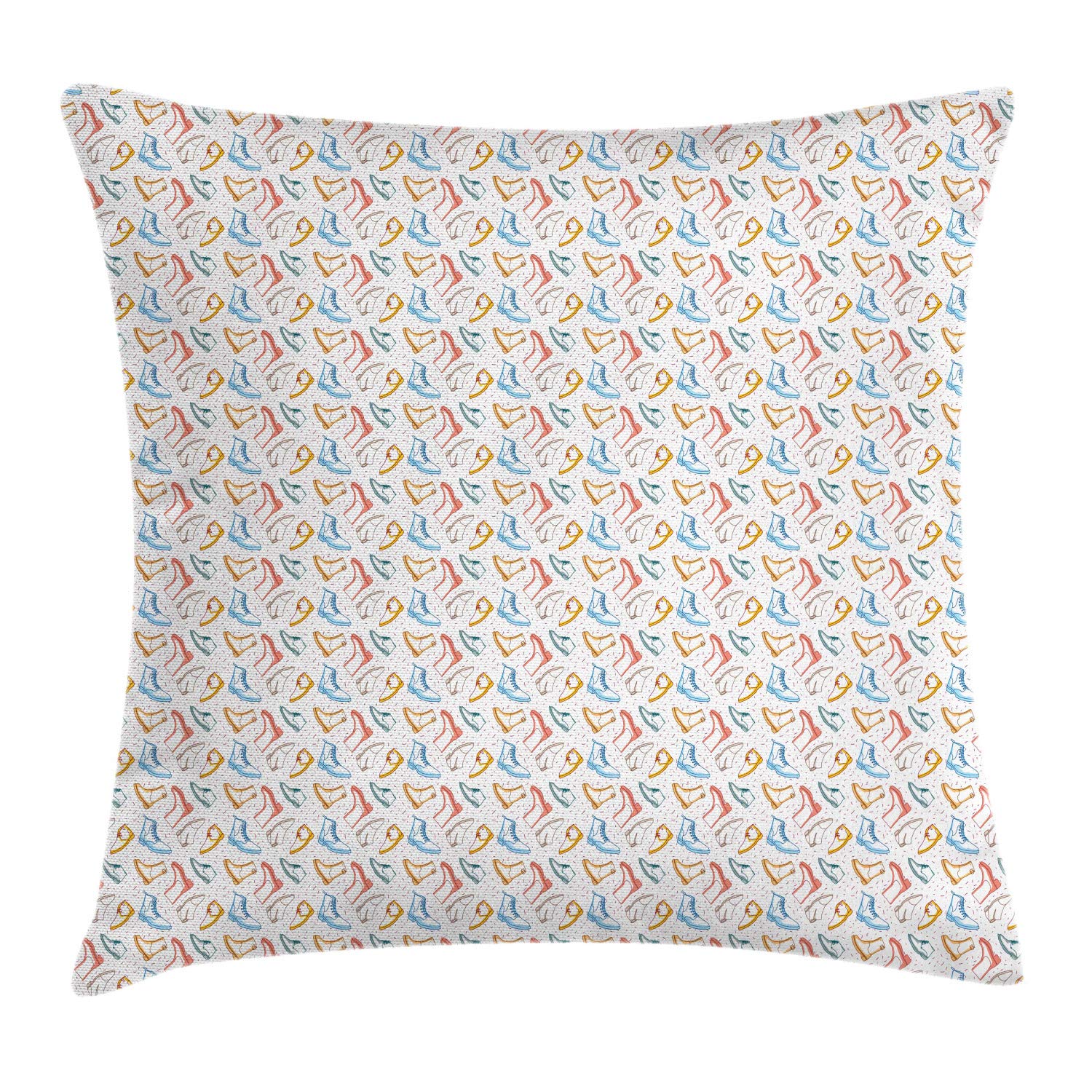 Ambesonne Decorative Throw Pillow Cover 26x26 Inches - Doodle Design Footwear Boots & Shoes Pattern, White Multicolor Square Accent Cushion Case for Sofa, Bed, Living Room Decor