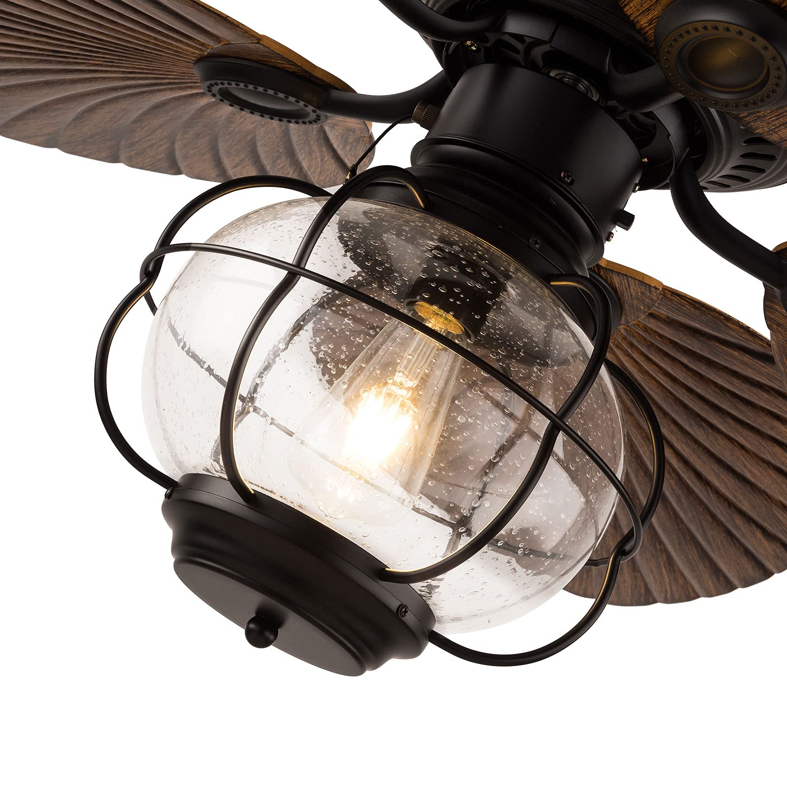 52-Inch Tropical Palm Chandelier Ceiling Fan with 5 Palm Leaf Blades - 3 Speed Remote Control, 5-Light Industrial Cage Design - Quiet Rustic Fan for Bedroom, Living Room, Patio & Indoor Spaces - Perfect for Coastal, Beach House and Boho Home Decor