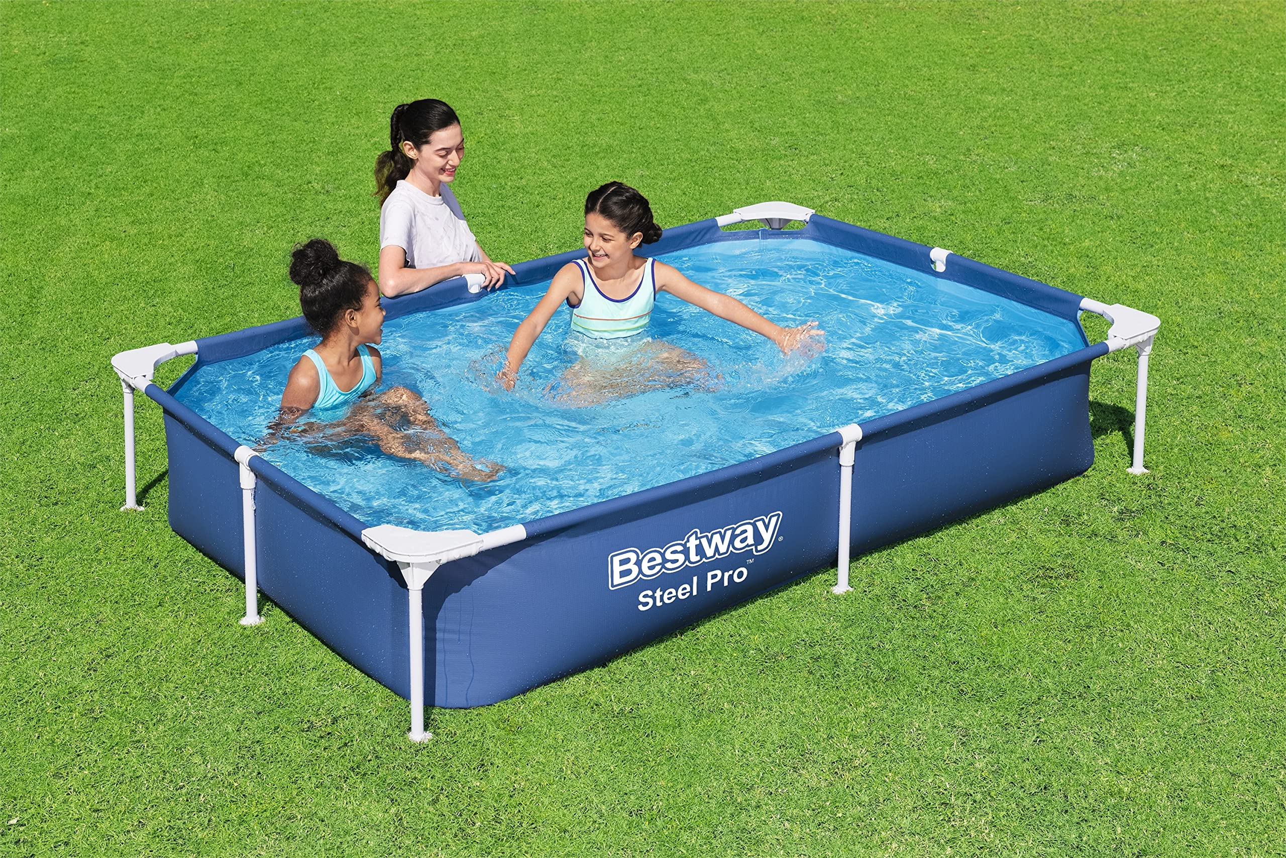 Bestway 56401 Steel Pro Above Ground Swimming Pool - Fast Set Rectangle Pool for Kids & Adults, Detachable Design, Multiple Sizes (Blue, 221 x 150 x 43 cm) | Perfect for Backyard, Garden, Summer Fun & Family Gatherings