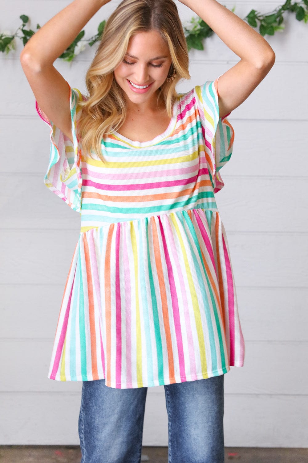 Lavender Rainbow Stripe Babydoll Top - Cute Flowy Summer Crop Top for Women, Perfect for Beach, Music Festivals & Date Nights