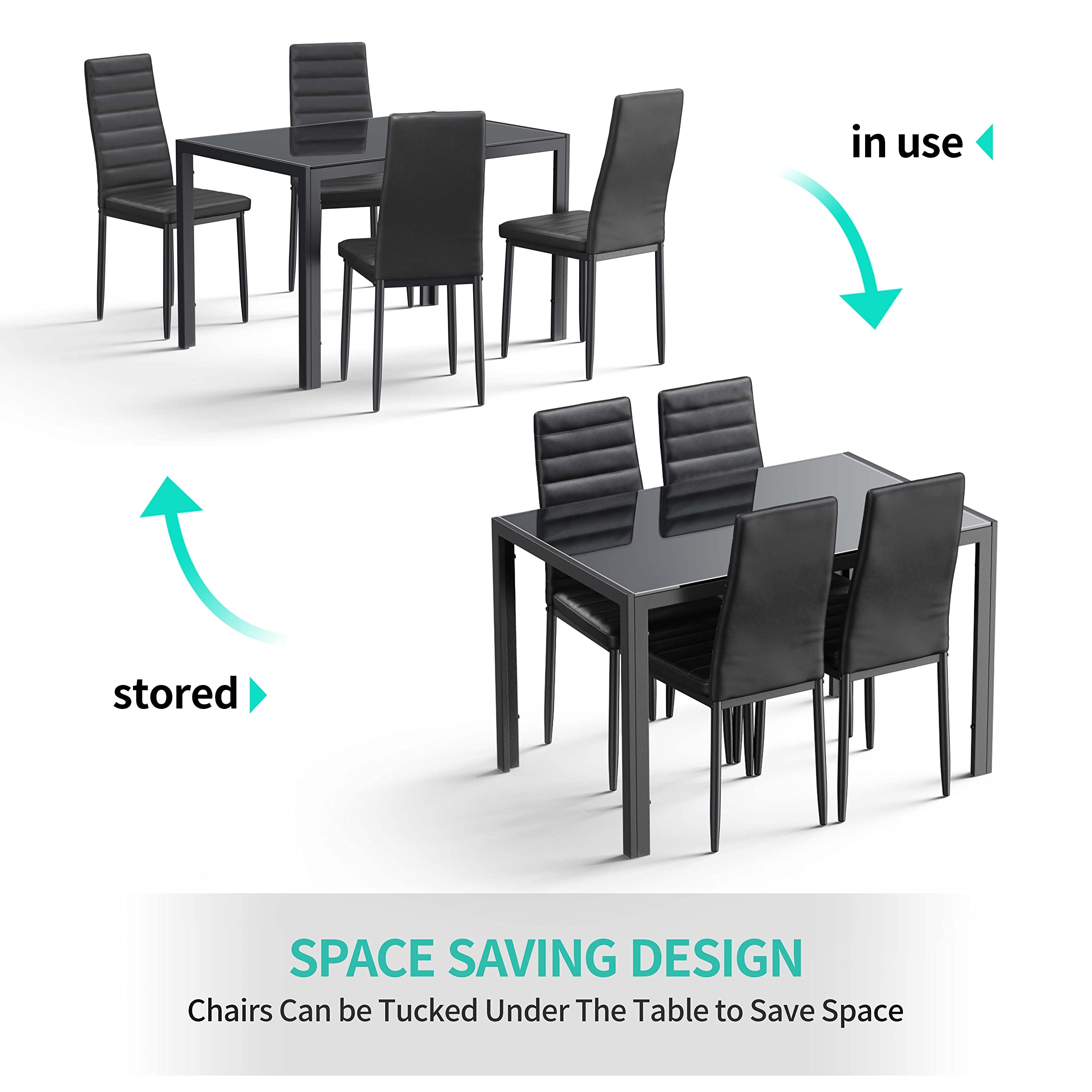 Gizoon 5-Piece Modern Glass Dining Table Set with PU Leather Chairs for 4, Perfect for Home, Kitchen, and Living Room Spaces | Ideal for Small Apartments and Family Gatherings