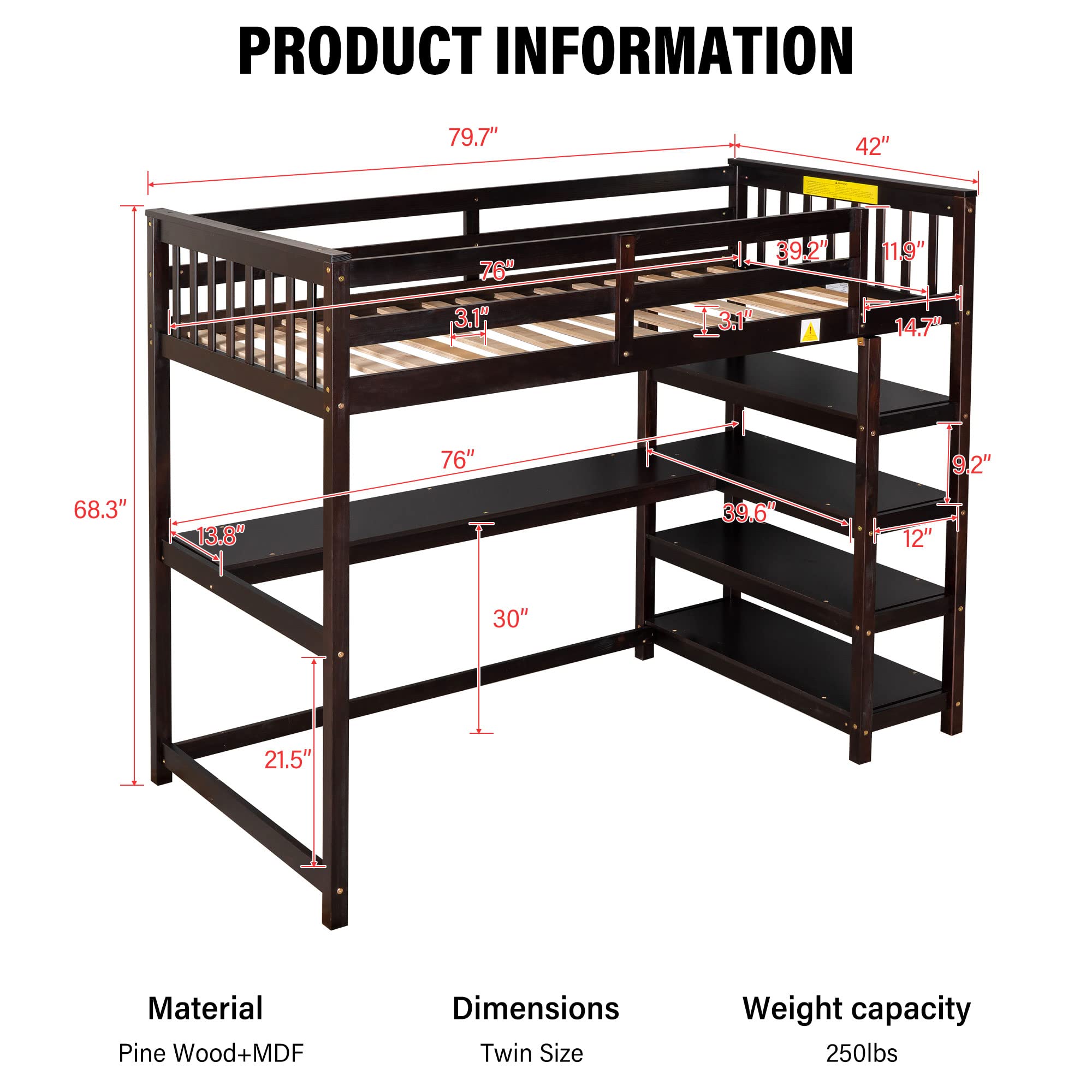 Merax Twin Size Wood Loft Bed with Desk & Shelves - Space-Saving Study Bed with Storage & Under-Bed Workspace in Espresso Finish - Perfect for Small Bedrooms, Dorm Rooms & Kids' Rooms