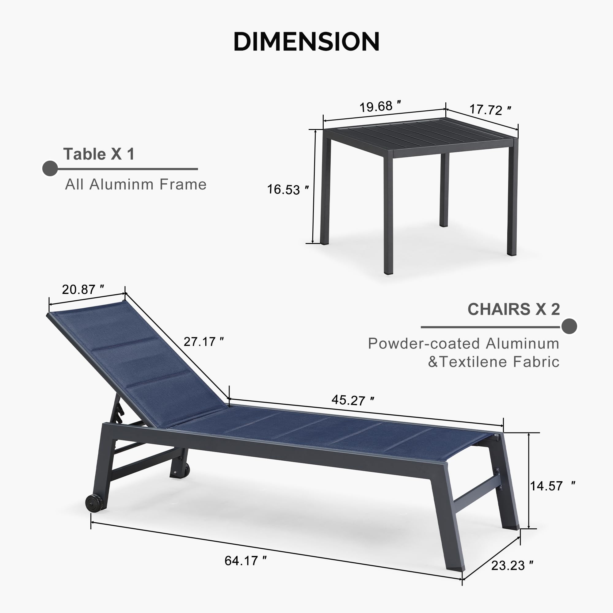 PURPLE LEAF Outdoor Chaise Lounge Set of 2 - Aluminum Patio Lounge Chairs with Wheels & Side Table - Navy Blue Poolside Furniture for Backyard, Garden, and Beach Relaxation