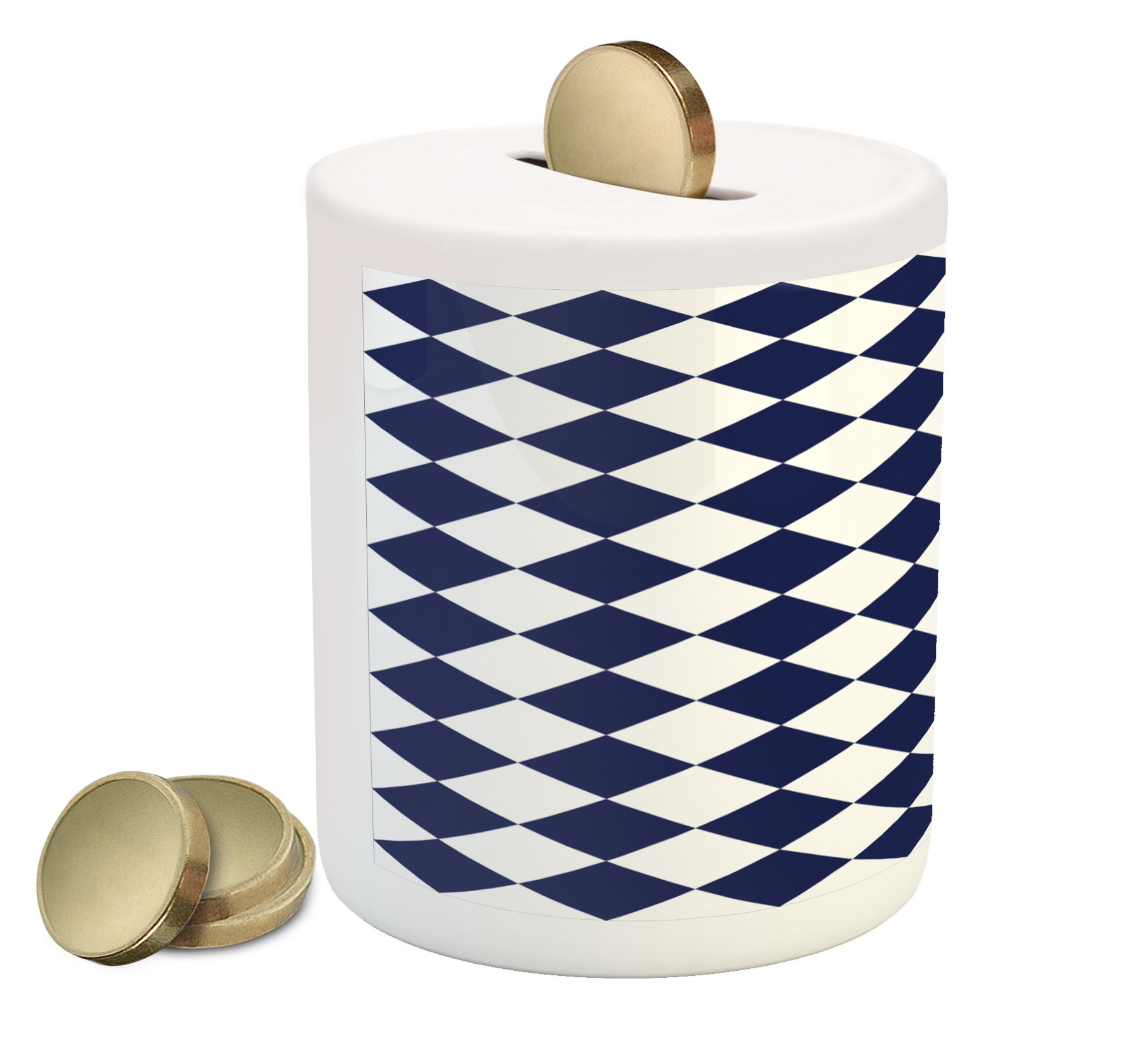 Ambesonne Blue Ceramic Piggy Bank - Classic Checkered Geometric Pattern, Diagonal Squares Design for Coin & Cash Saving - Navy Blue & White - Perfect for Kids' Savings, Gifts, and Home Decor