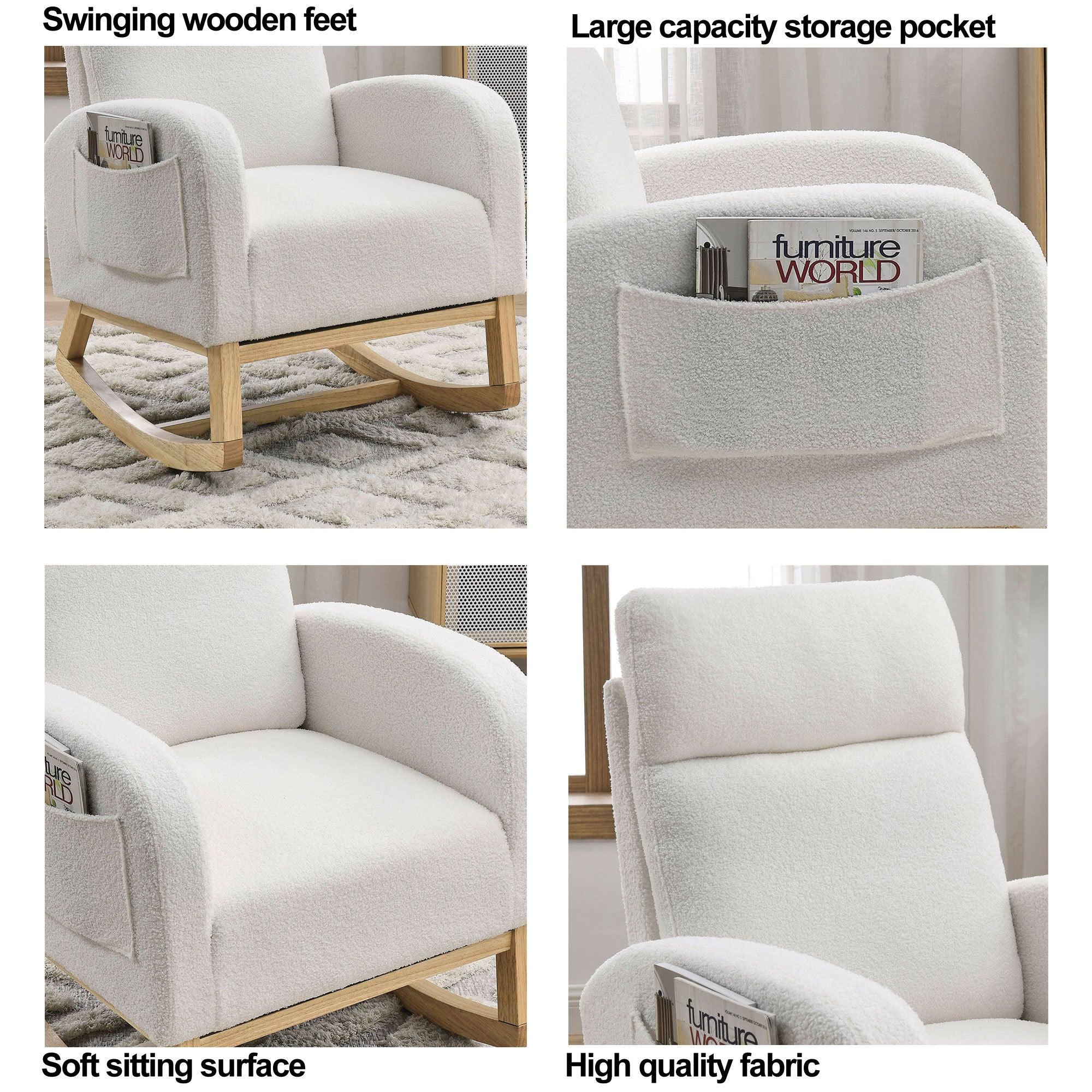 27.6W Modern Accent High Backrest Rocking Chair with Side Pockets - Teddy White (Ivory) - Perfect for Living Room, Lounge, Nursery & Reading Nook