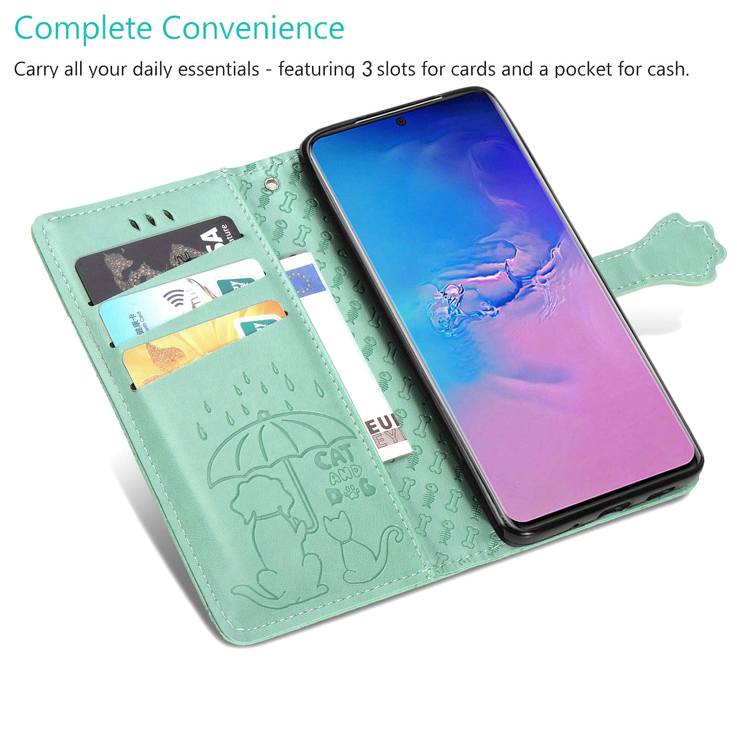 Samsung Galaxy A51 Wallet Case with Card Holder - Cute Cat & Dog Cartoon PU Leather Flip Cover with Kickstand (Not for 5G Model) - Perfect for Women's Daily Use, Commuting & Travel Accessories (MG Green)