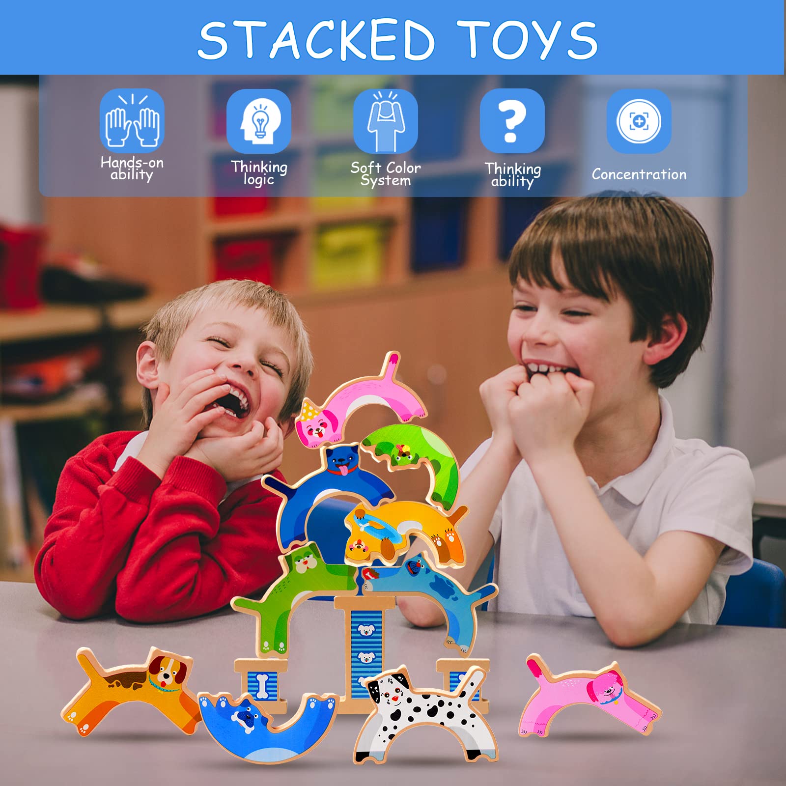 14PCS Wooden Puppy Stacking Building Toys for Kids Ages 3-9 - STEM Montessori Educational Puzzle Games for Boys & Girls - Perfect for Valentine's Day Gifts, Birthday Party Favors, Classroom Activities & Early Childhood Development