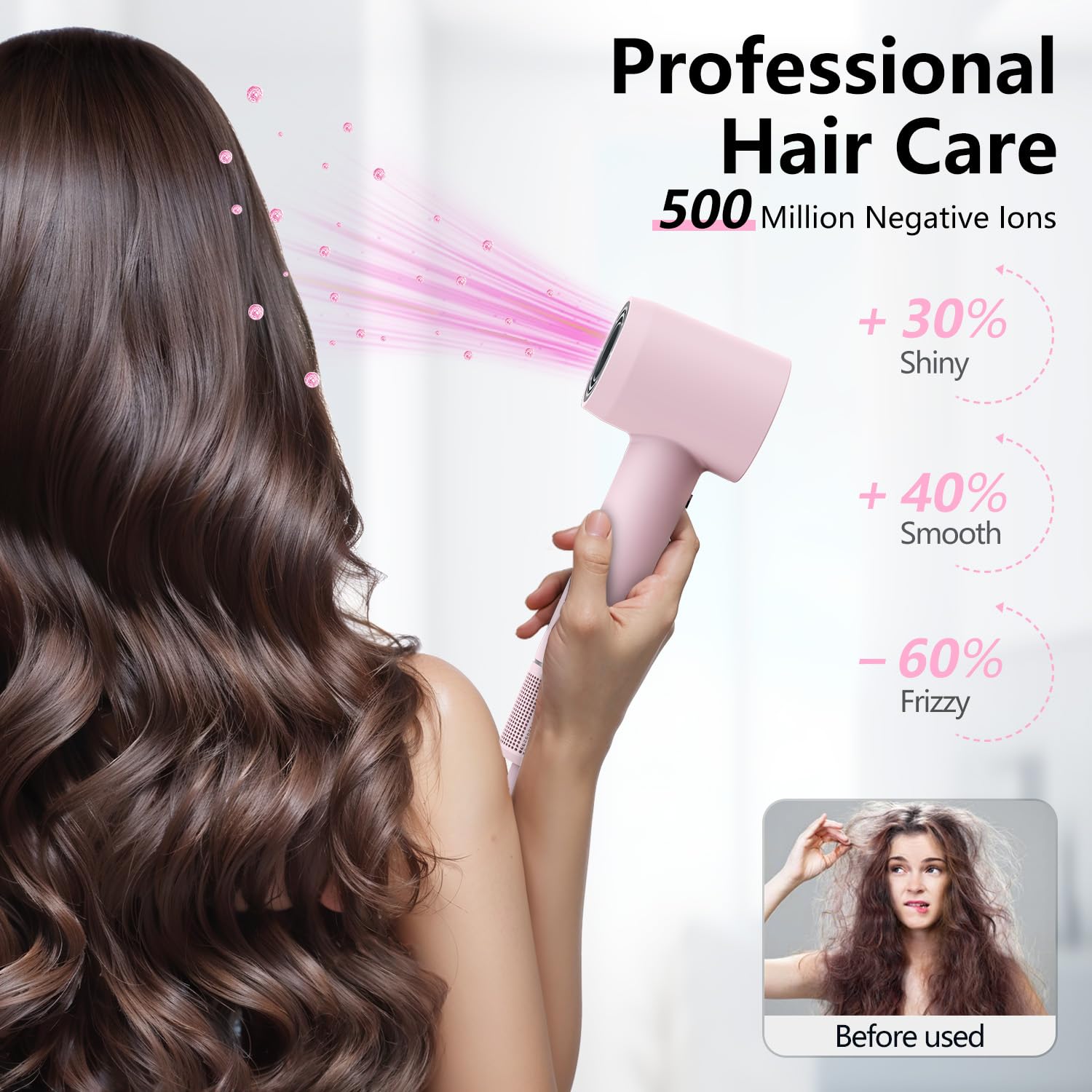 Professional 160,000 RPM High-Speed Hair Dryer with 500 Million Negative Ions - Fast Drying, Low Noise & Thermo Control - Includes Magnetic Diffuser & Nozzle - Perfect for Home, Salon & Travel Use (Pink)