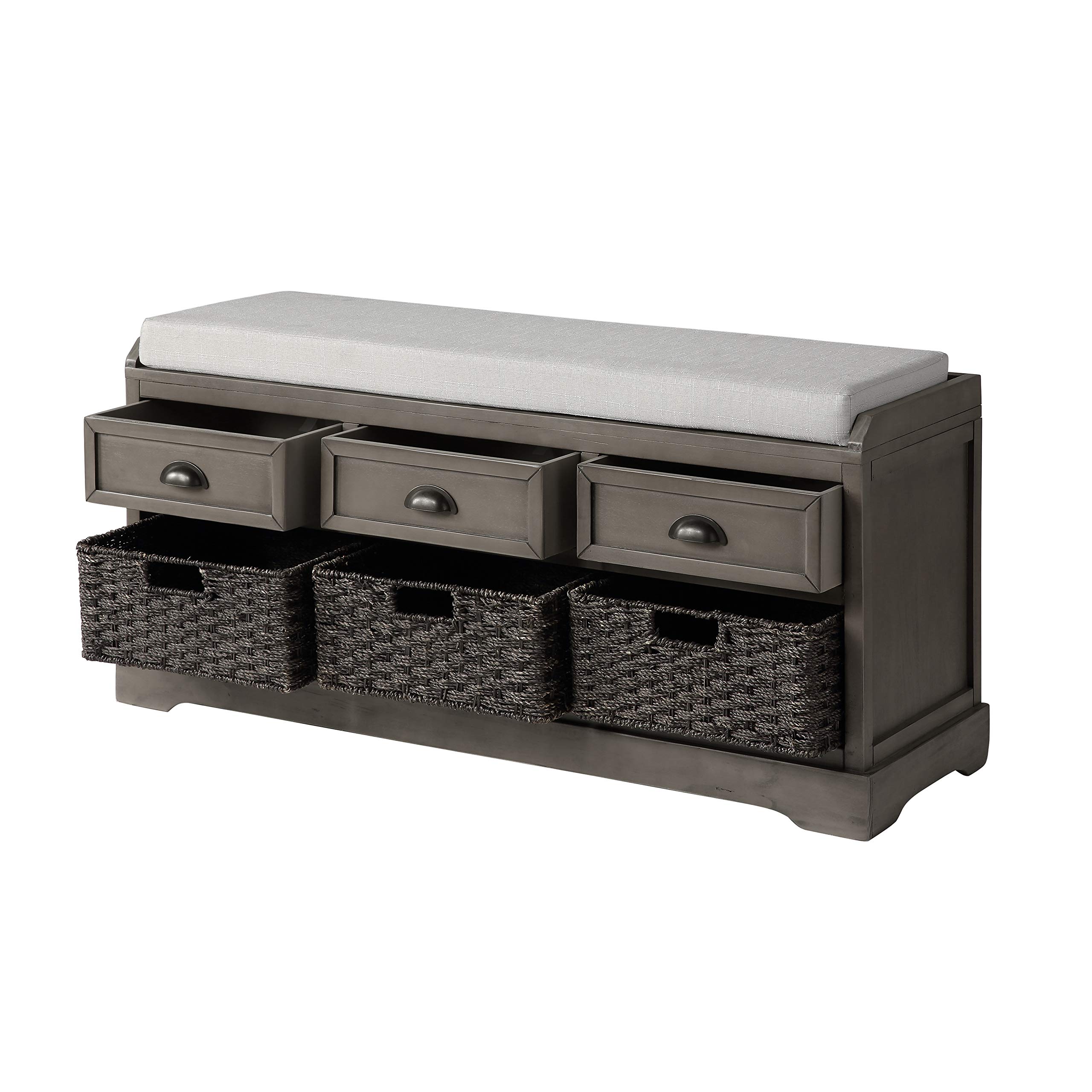 Rustic Gray Wood Storage Bench with 2 Cabinets & 1 Basket - Entryway Shoe Bench with Removable Cushion - Perfect for Living Room, Hallway & Home Organization - Ideal for Shoes, Blankets & Entry Storage