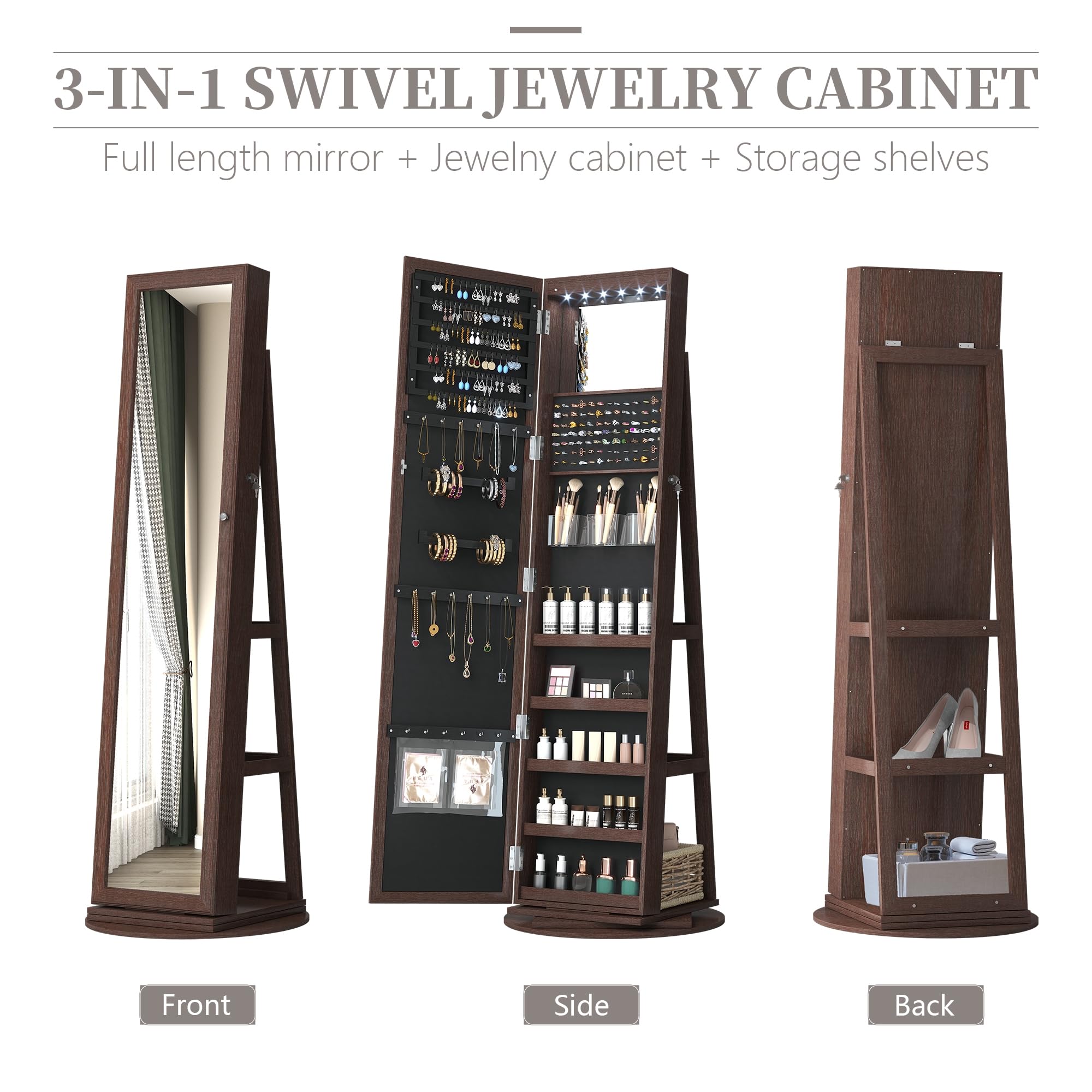 360° Swivel Jewelry Cabinet with Full-Length Mirror - Freestanding Jewelry Armoire Organizer for Bedroom & Dressing Room (Dark Brown) | Perfect for Closet Organization & Home Decor