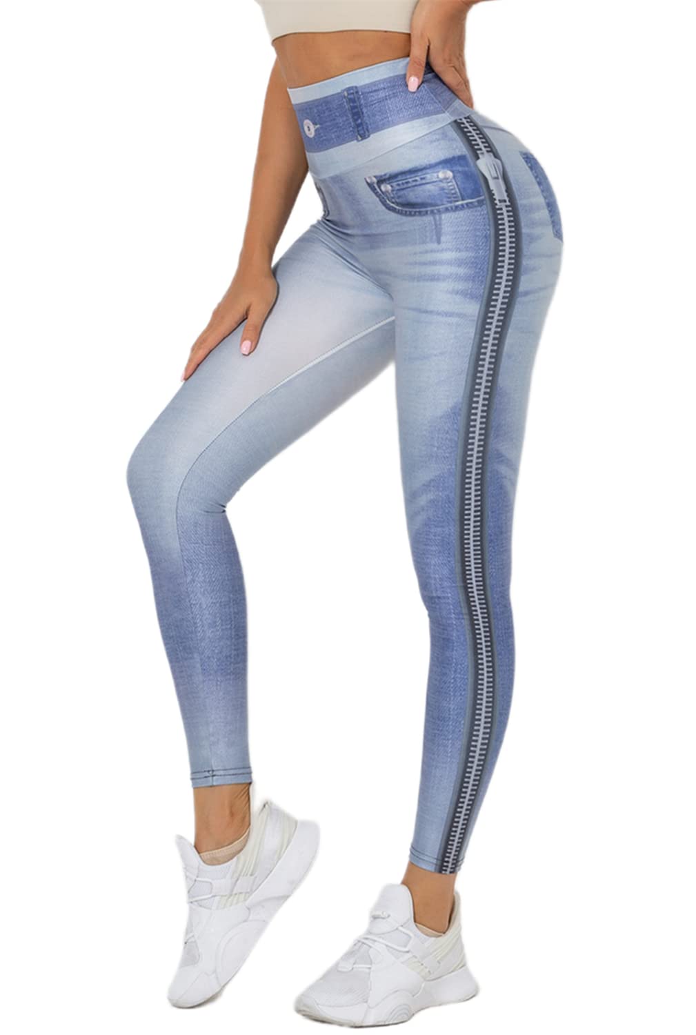 SIAOMA Women's High Waisted Denim Printed Yoga Pants - Stretch Jean Look Jeggings & Leggings for Workout, Yoga, Casual Wear