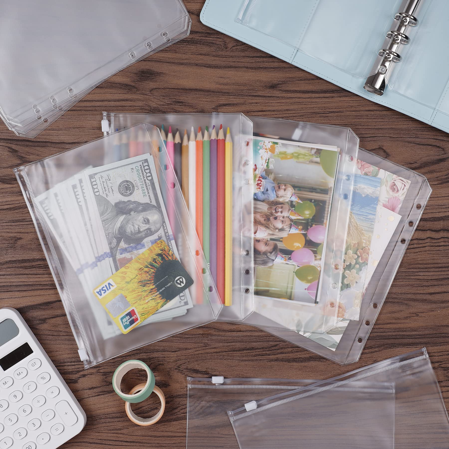 HAUTOCO 15PCS A5 6-Hole Binder Pockets - Clear PVC Planner Inserts, Cash Envelopes & Money Organizer for Budgeting - Waterproof Zipper Pouch File Folders for A5 Binder | Perfect for Home Office, School Supplies, Financial Planning & Document Storage