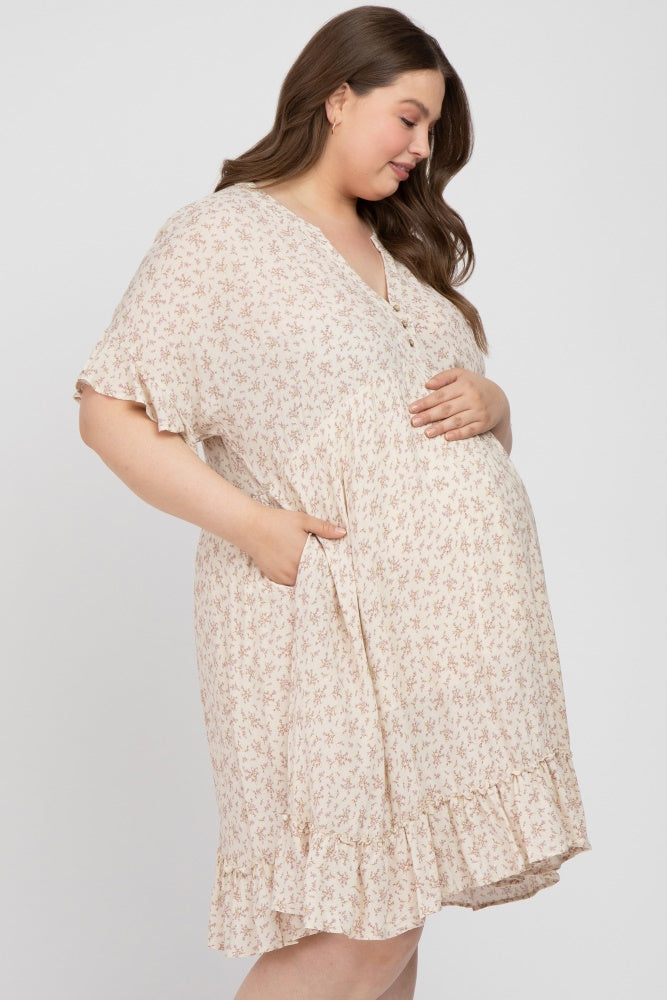 Beige Floral Maternity Dress with Short Sleeves & Ruffle Hem - Plus Size Pregnancy Outfit for Baby Shower, Photo Shoot & Casual Wear