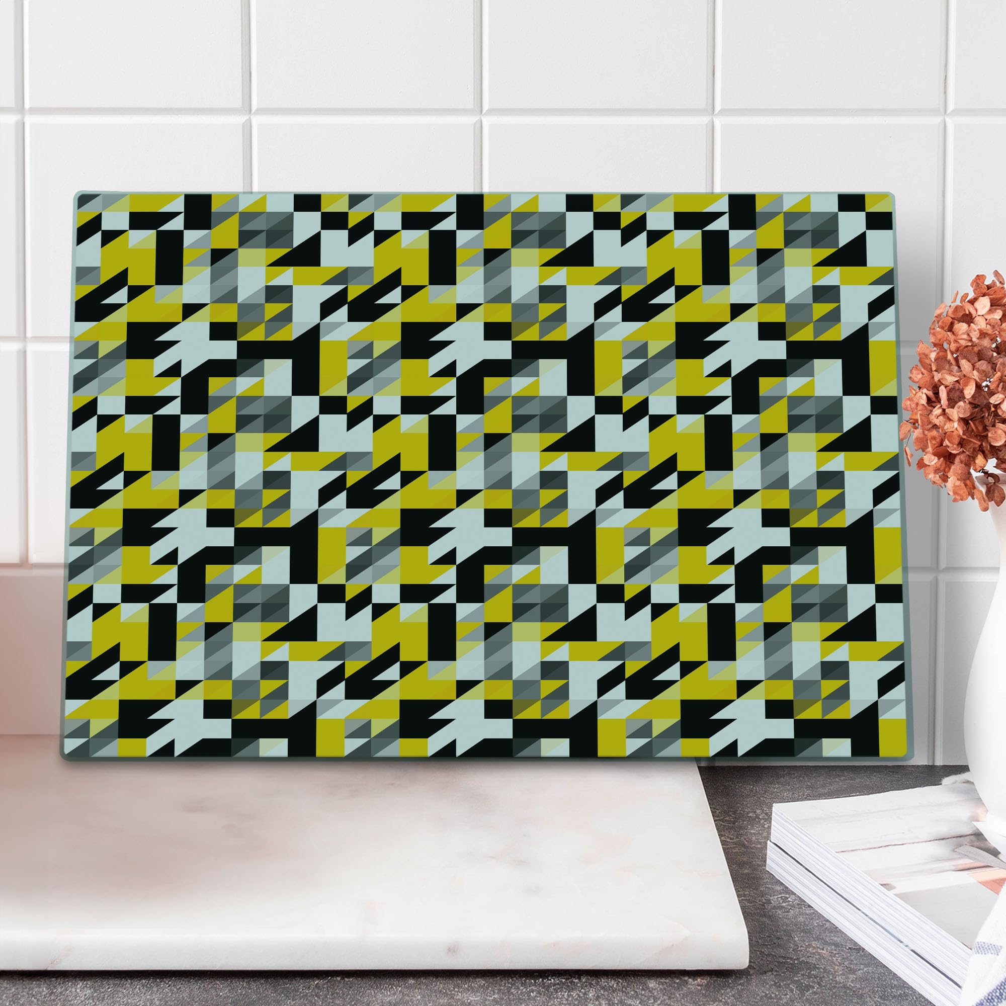 Ambesonne Geometric Glass Cutting Board - Yellow & White for Kitchen & Serving
