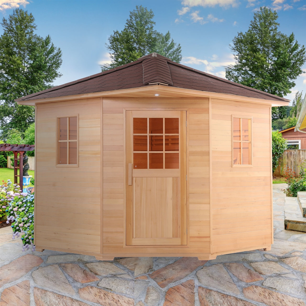 Premium Aleko Canadian Hemlock Wet & Dry Outdoor Sauna with Asphalt Roof - 6 kW ETL Certified Heater for 5 People | Perfect for Backyard Relaxation & Home Spa Experience