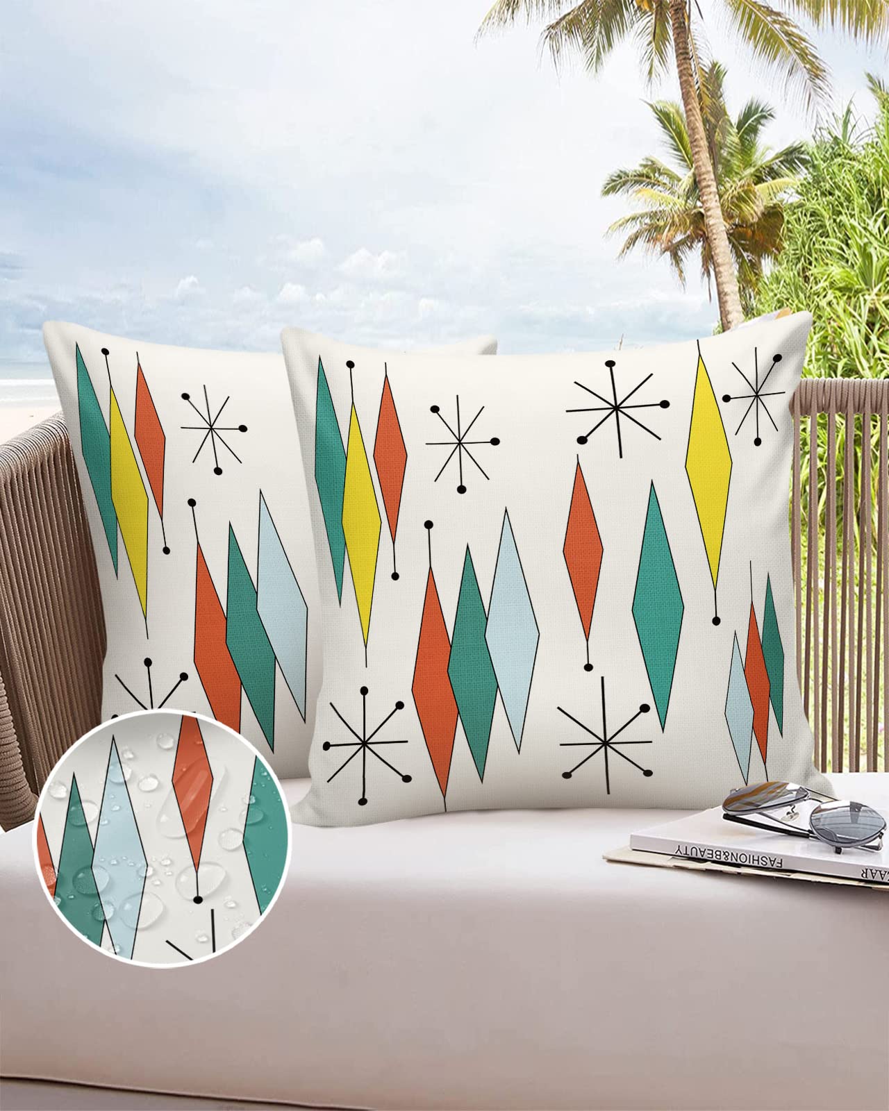 Waterproof Outdoor Pillow Covers Set of 2 - Mid-Century Modern Geometric Teal Green & Yellow Diamond Pattern Decorative Cushion Covers 26x26 Inch for Patio, Garden, Couch, Tent & Camping Accessories