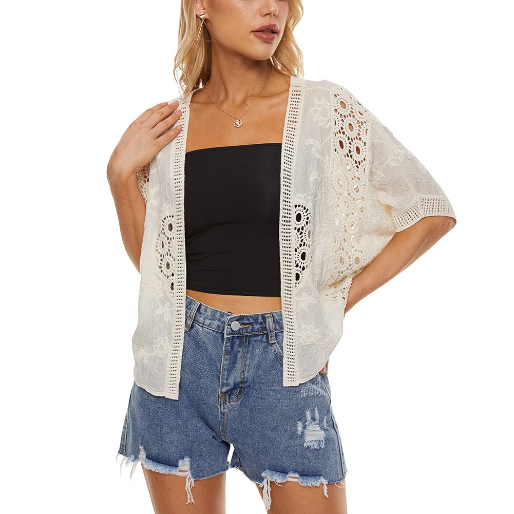 Women's Short Sleeve Crochet Lace Bolero Shrug Cardigan - Lightweight Open Front Cover Up for Summer, Beach, Wedding & Evening Wear