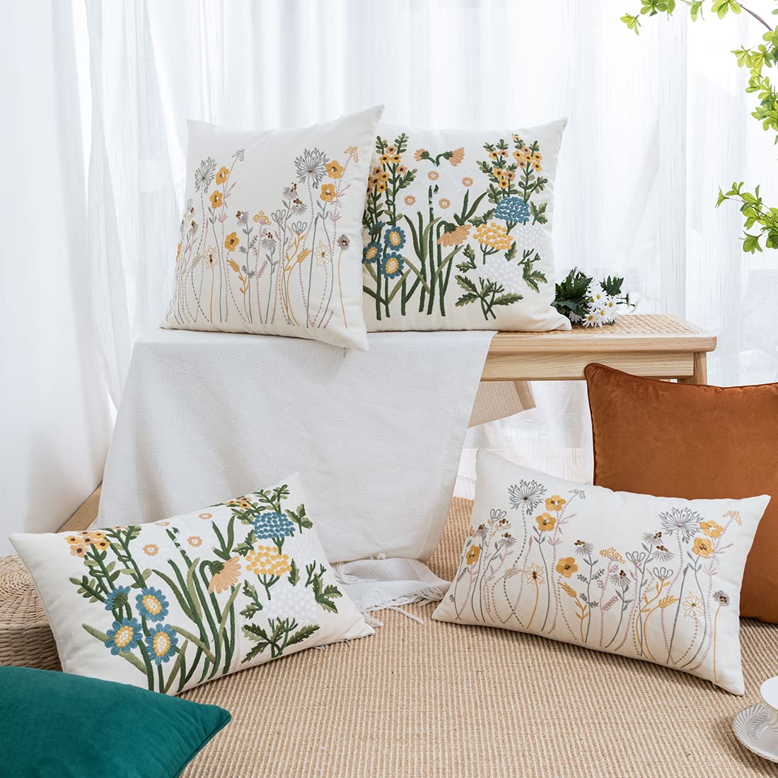 Farmhouse Embroidered Cotton Canvas Throw Pillow Cover 12x20 Inches - Spring Floral Embroidery Cushion Case for Sofa, Couch & Bed Decor - Boho Home Accent (Flower B) - Perfect for Living Room, Bedroom & Cozy Farmhouse Style